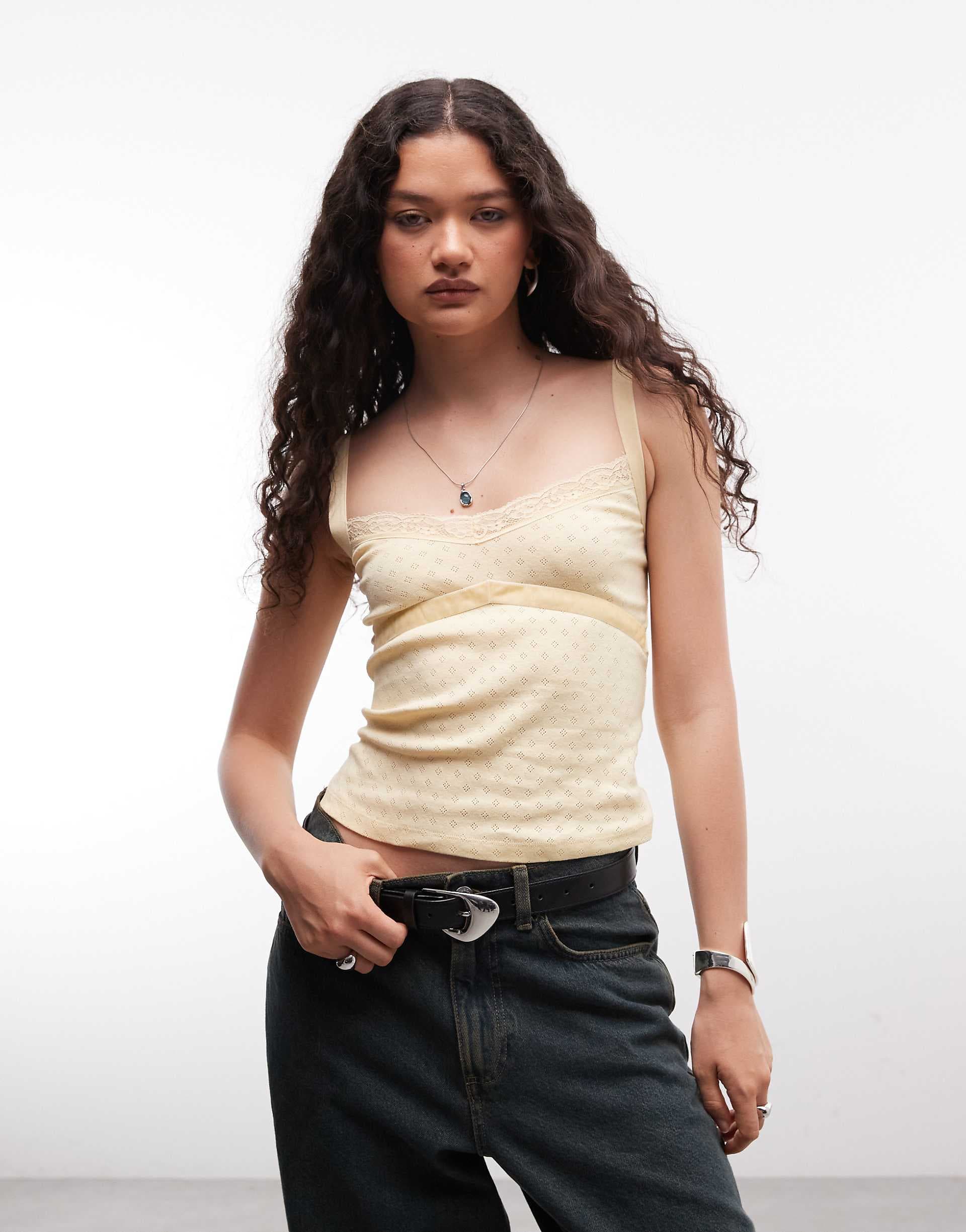Reclaimed Vintage cami pointelle tank with velvet trim in yellow