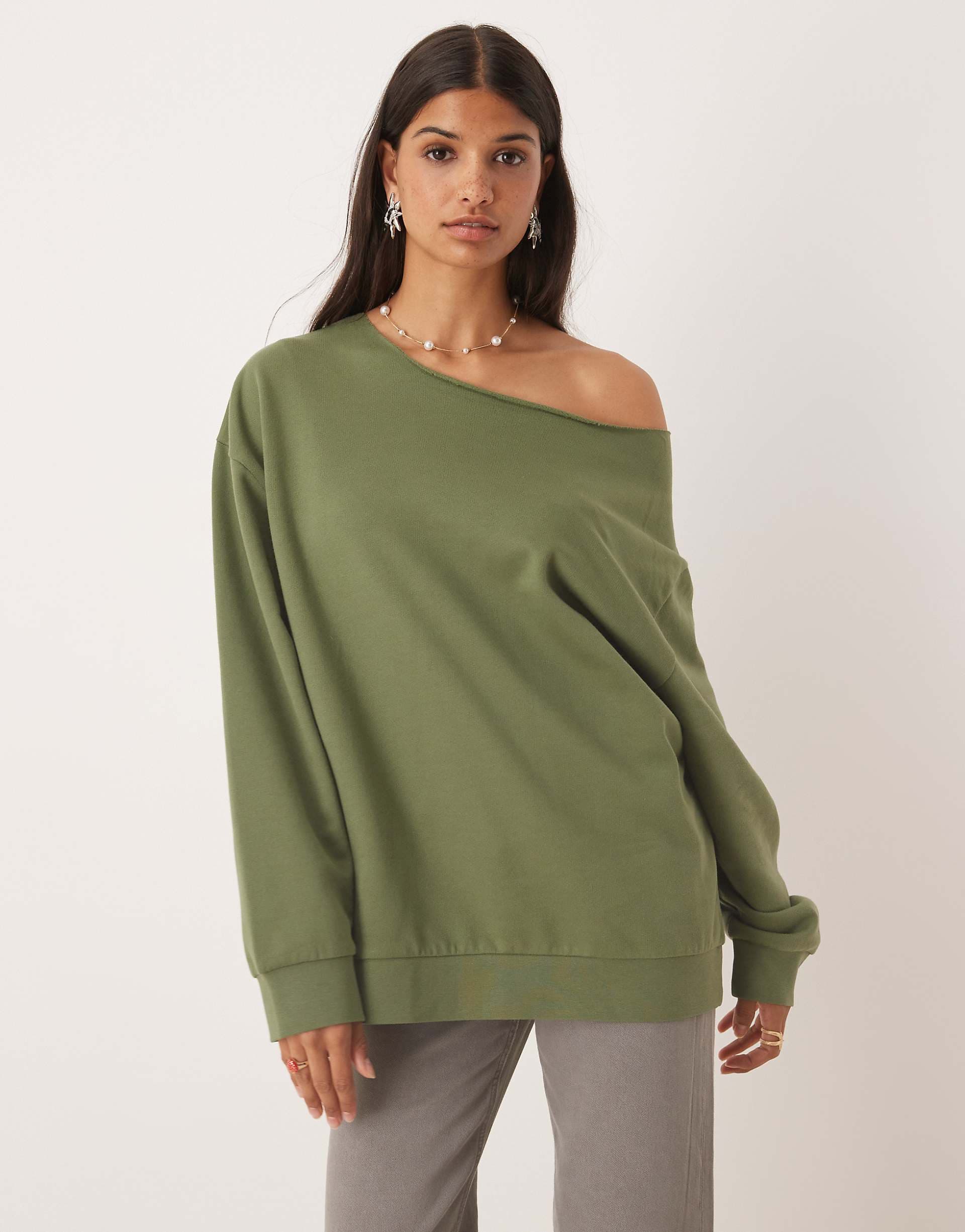ASOS DESIGN oversized off shoulder sweatshirt in khaki