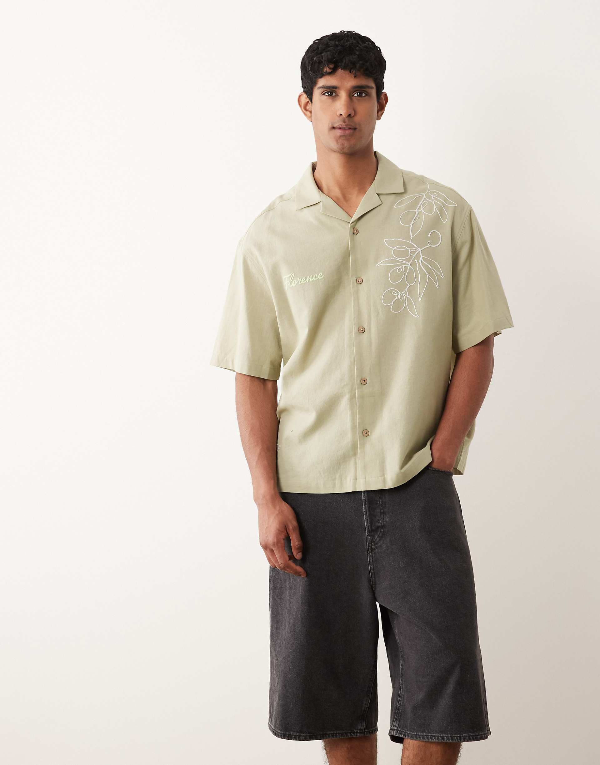 ASOS DESIGN oversized shirt with linen and floral print in khaki