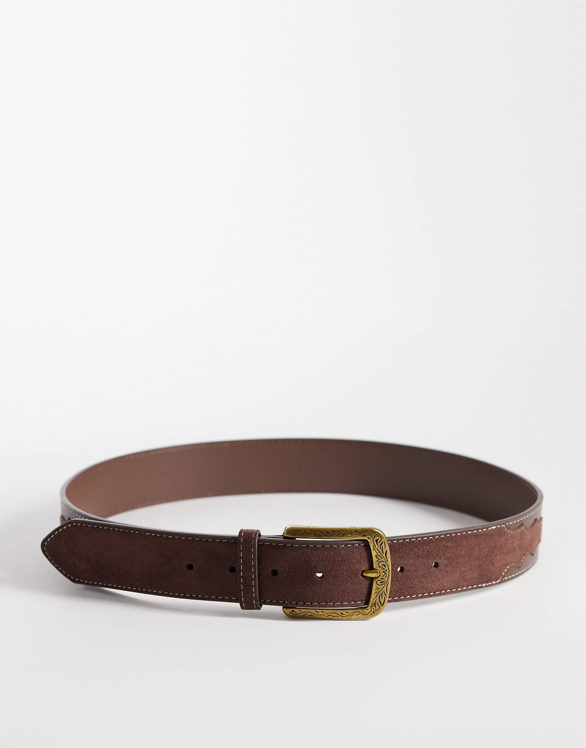 ASOS DESIGN faux suede inlay belt with antique gold-tone western patterned buckle in brown