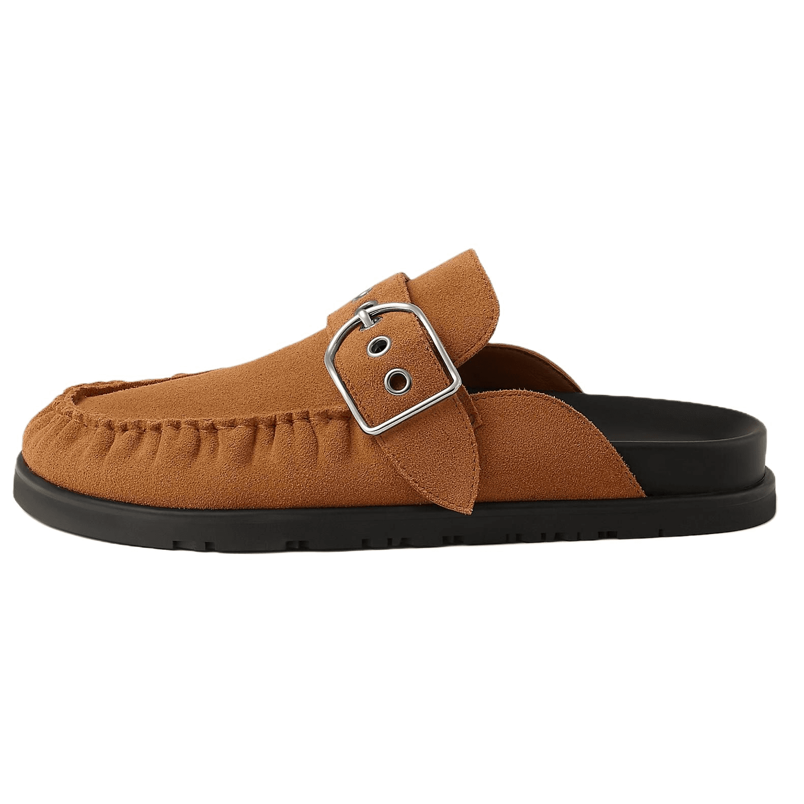 HERMES Key Key Suede Goatskin Palladium-Plated Buckle Round Toe Slip-On Rubber Toe-Cap Slippers Women's Brown