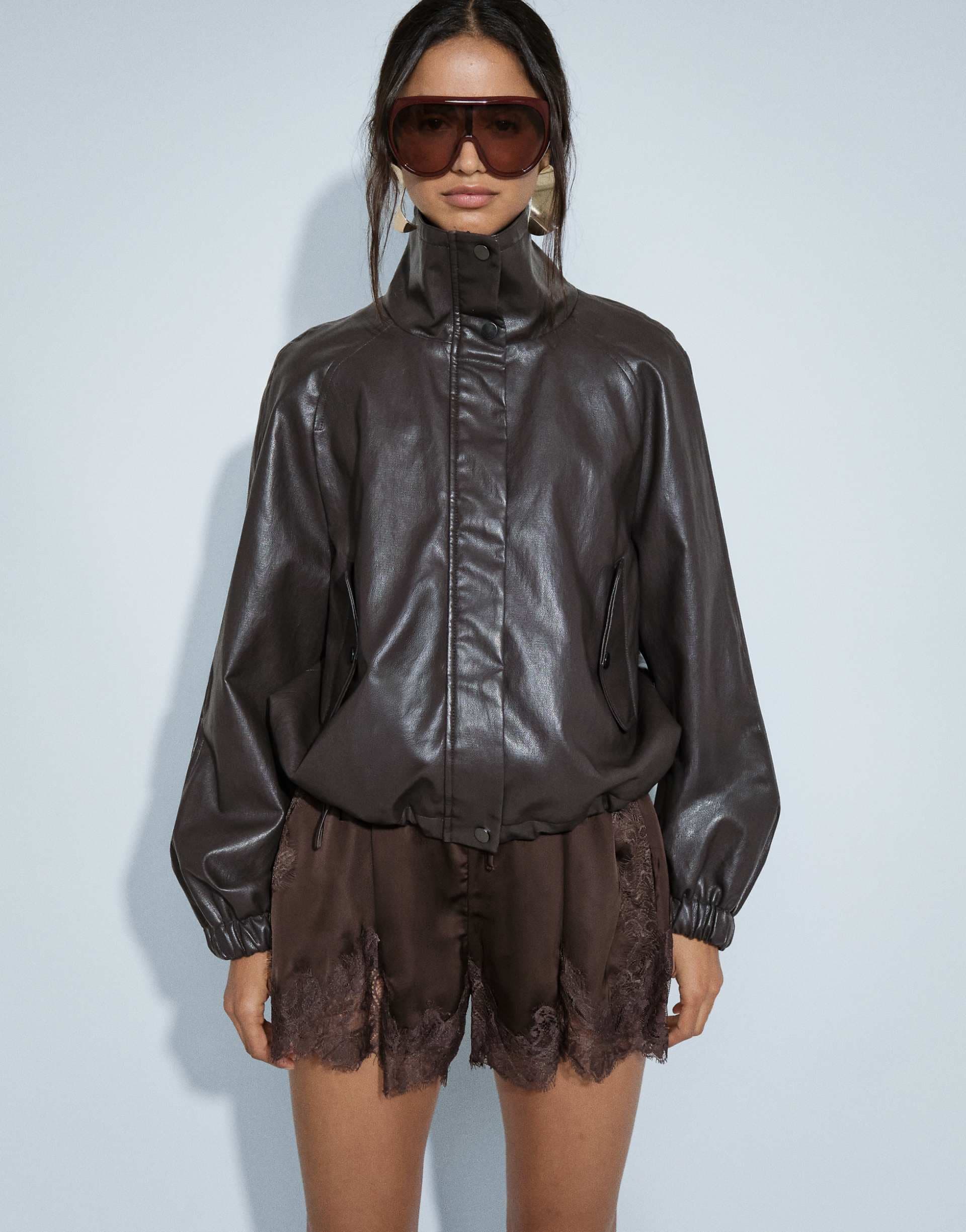 ONLY funnel neck faux leather jacket in washed dark brown
