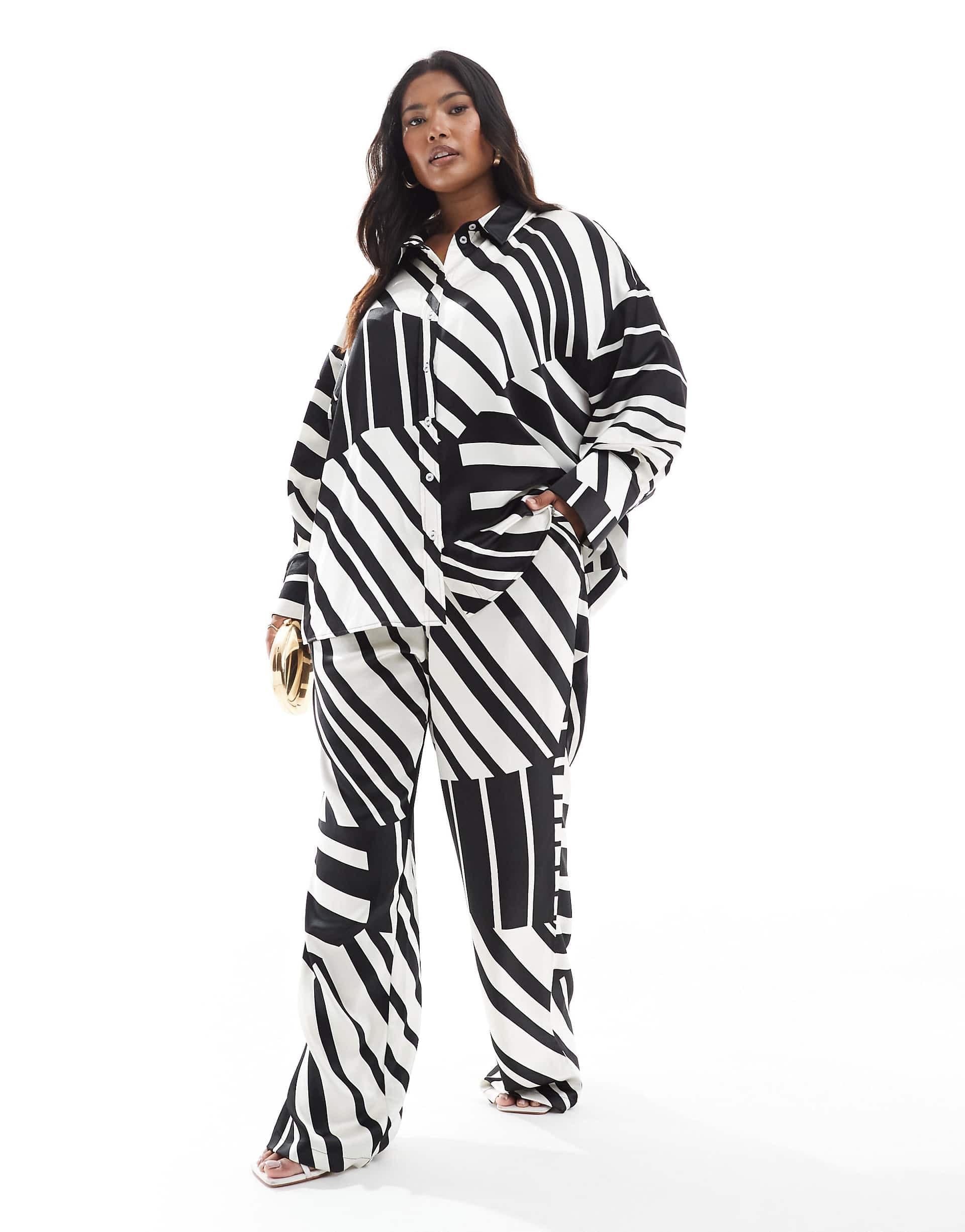 4th & Reckless Plus satin wide leg pants in black and white print - part of a set