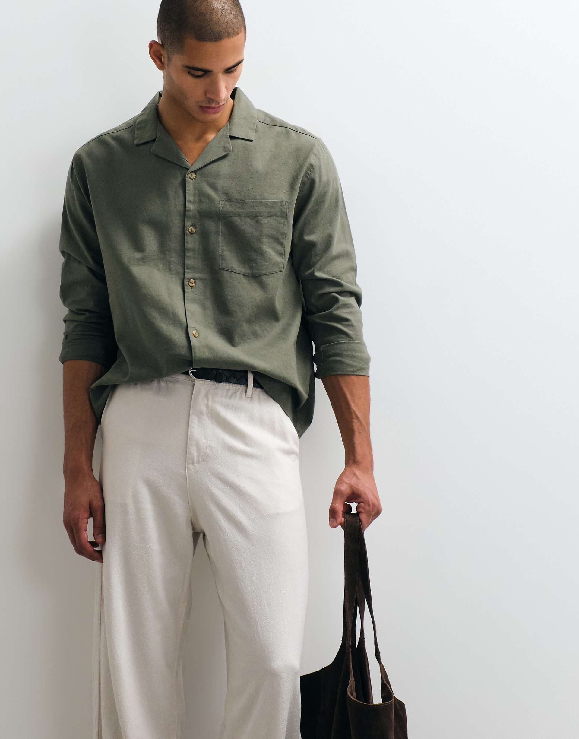 ASOS DESIGN relaxed revere shirt with linen in khaki