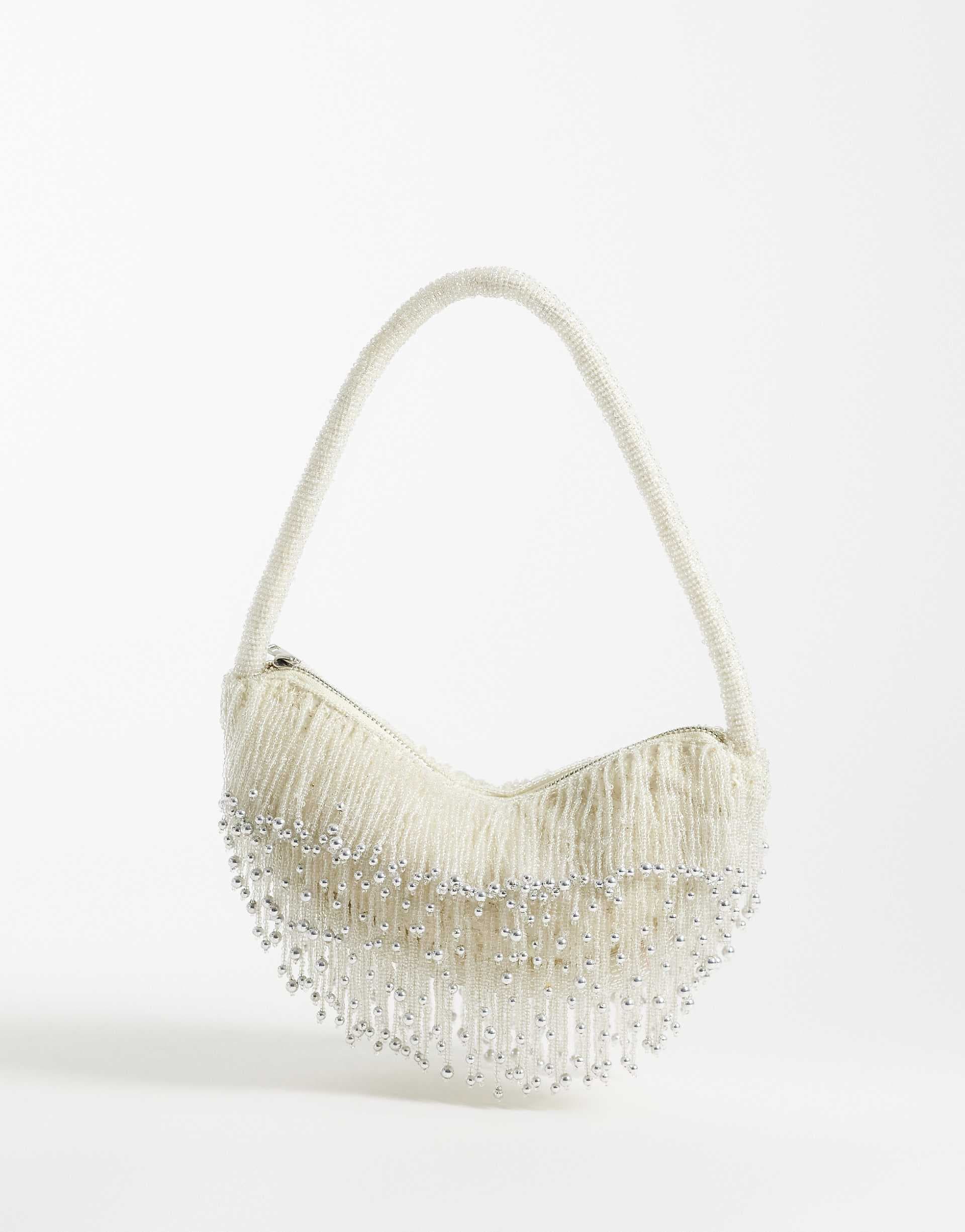 ASOS DESIGN embellished drop tassel shoulder bag in cream
