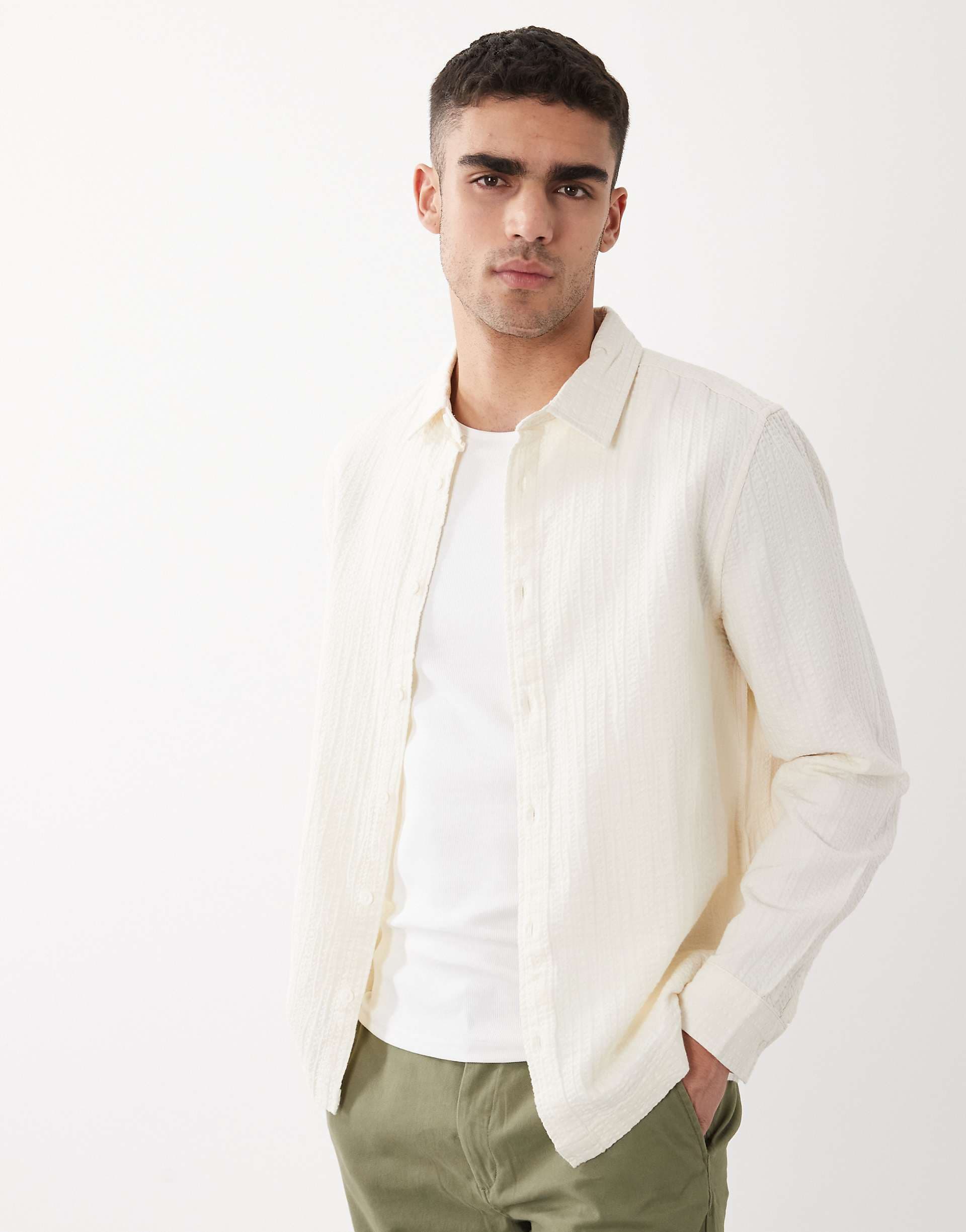 ASOS DESIGN regular fit crinkle shirt in cream