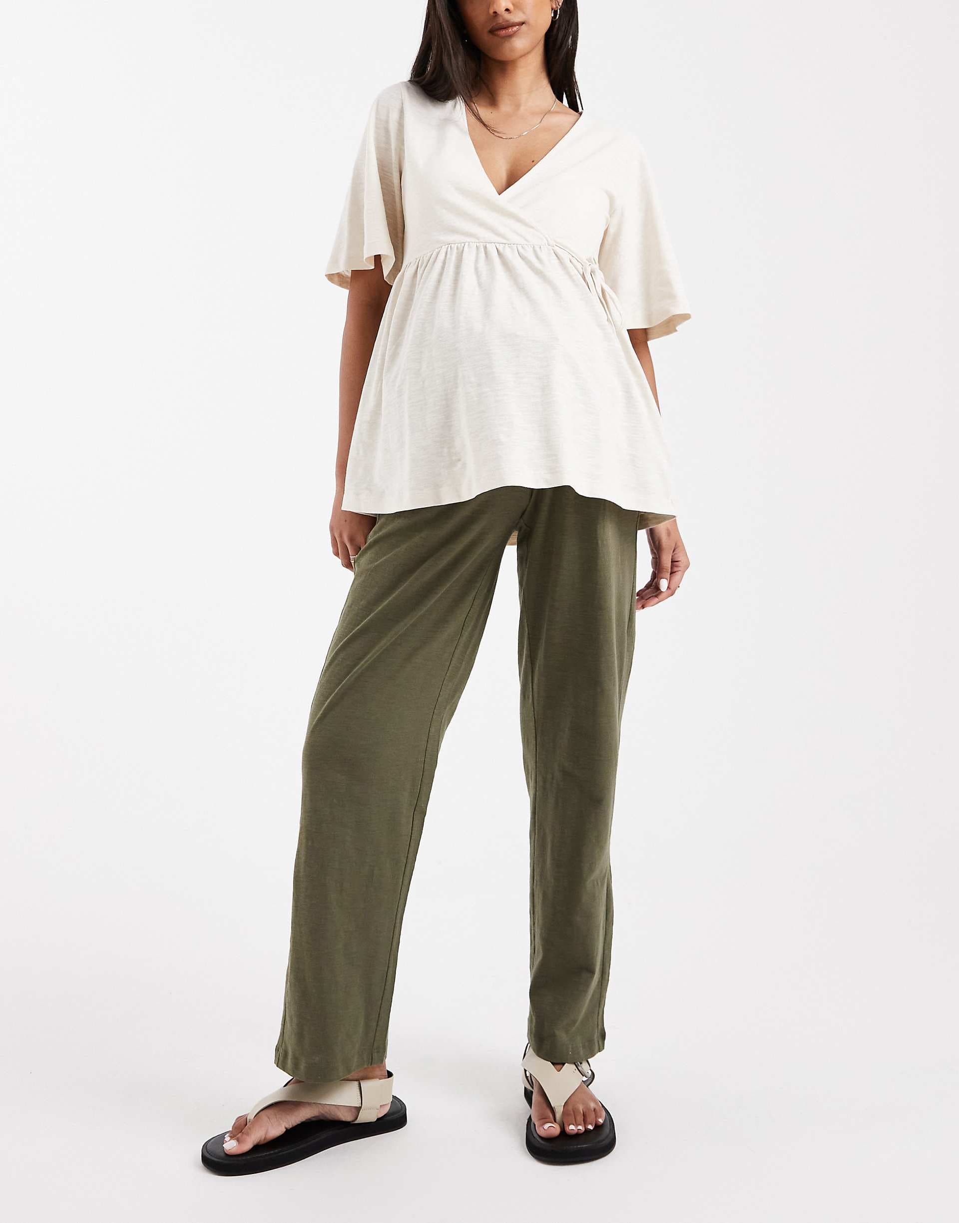 Mamalicious Maternity under the bump lightweight wide leg summer pants in dark khaki green