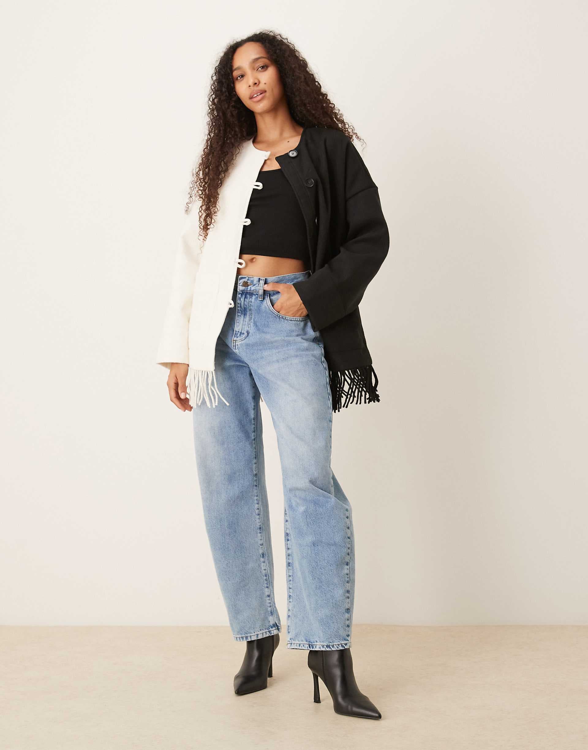 YAS contrast jacket with fringe hem in black and cream