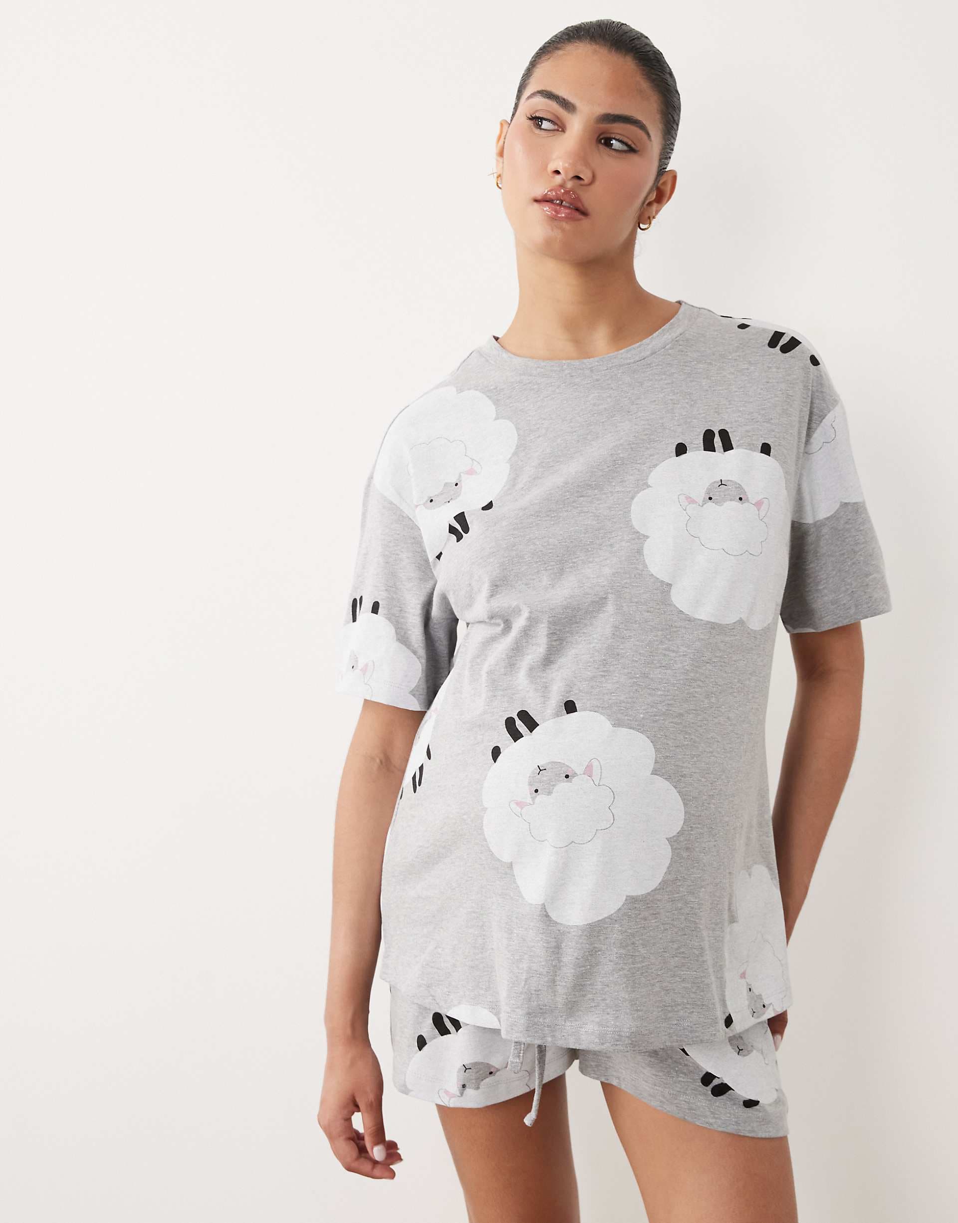 ASOS DESIGN Maternity oversized short sleeve tee & shorts pajama set in gray heather sheep print