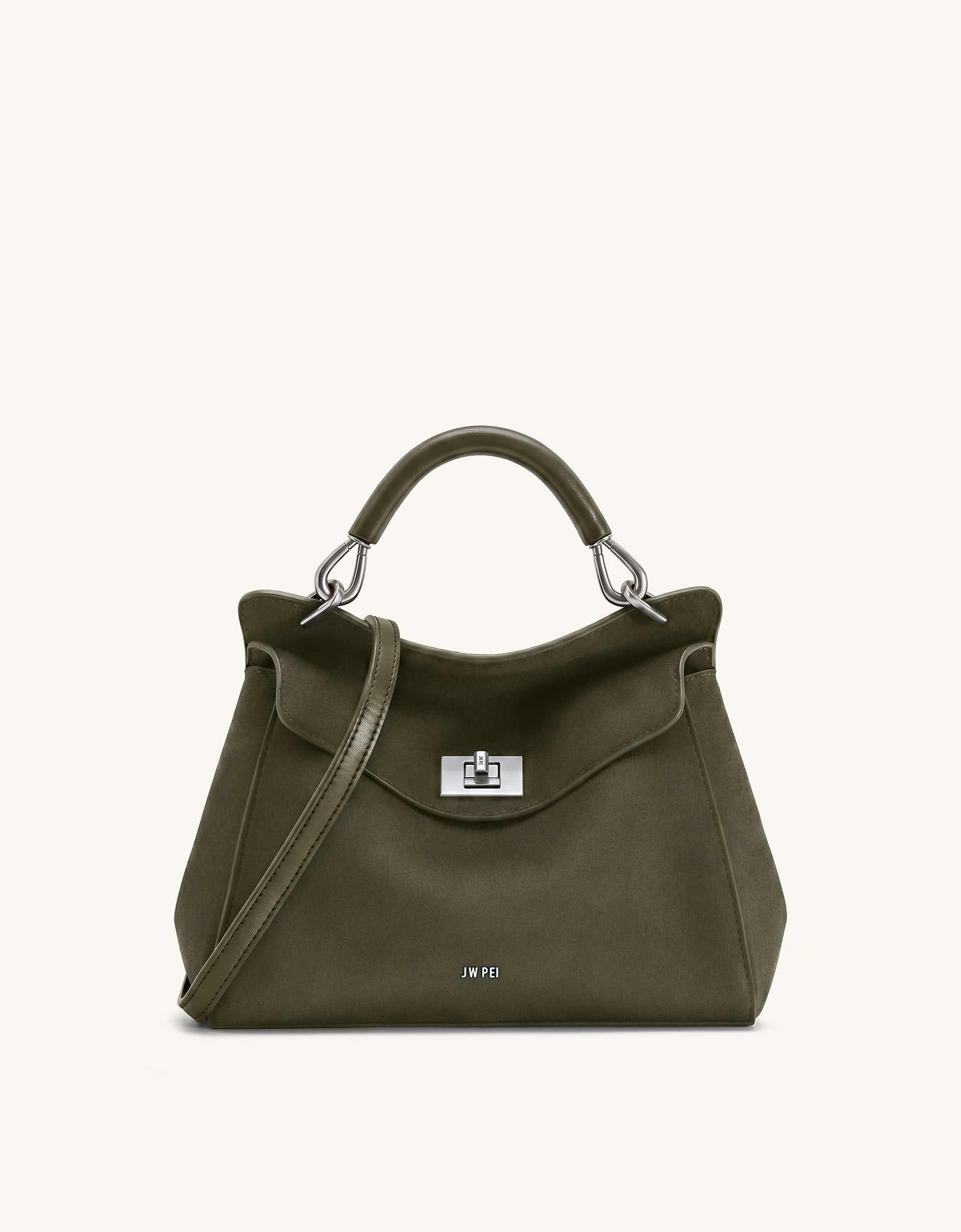 JW PEI Lucia top handle purse in dark olive faux suede