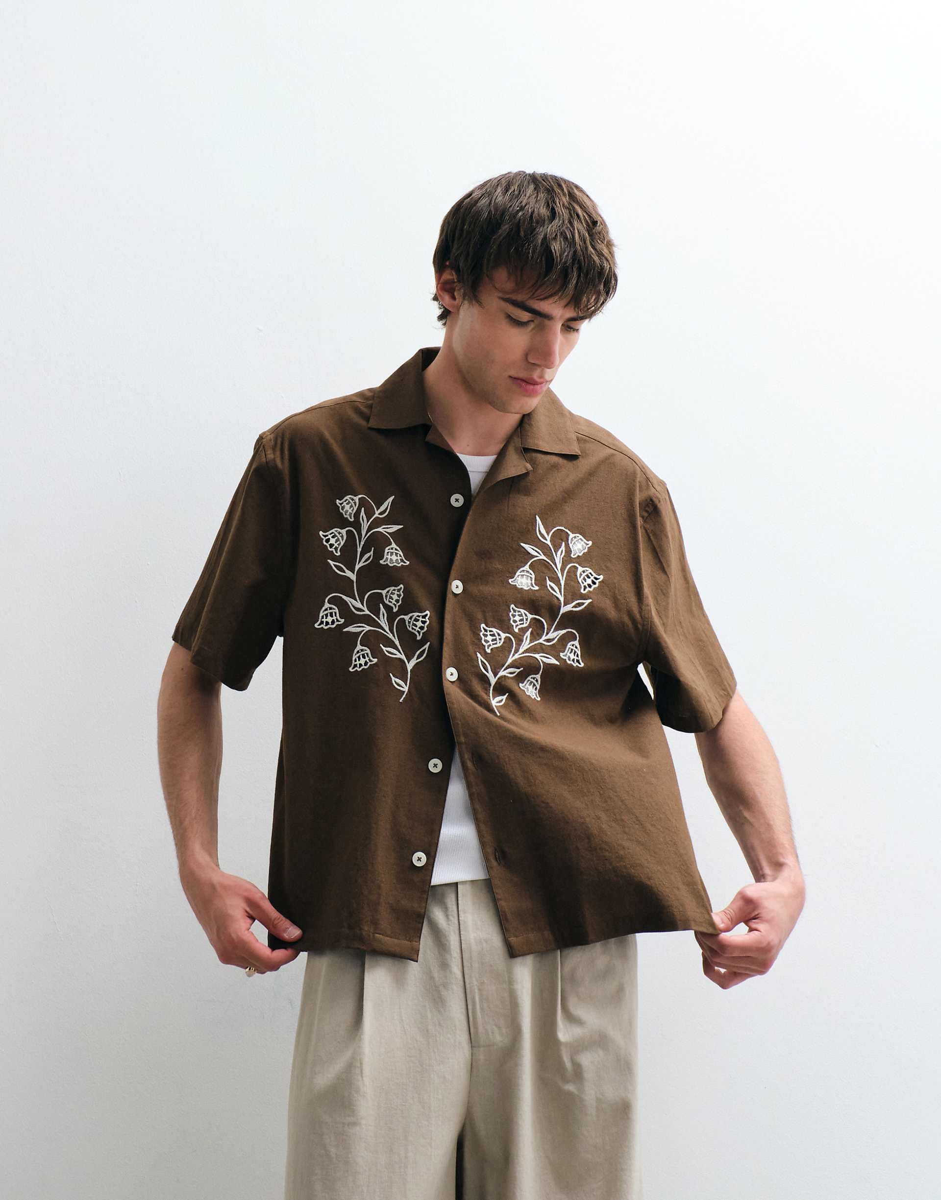 ASOS COLLECTIVE relaxed fit cotton-linen blend embroidered shirt in brown