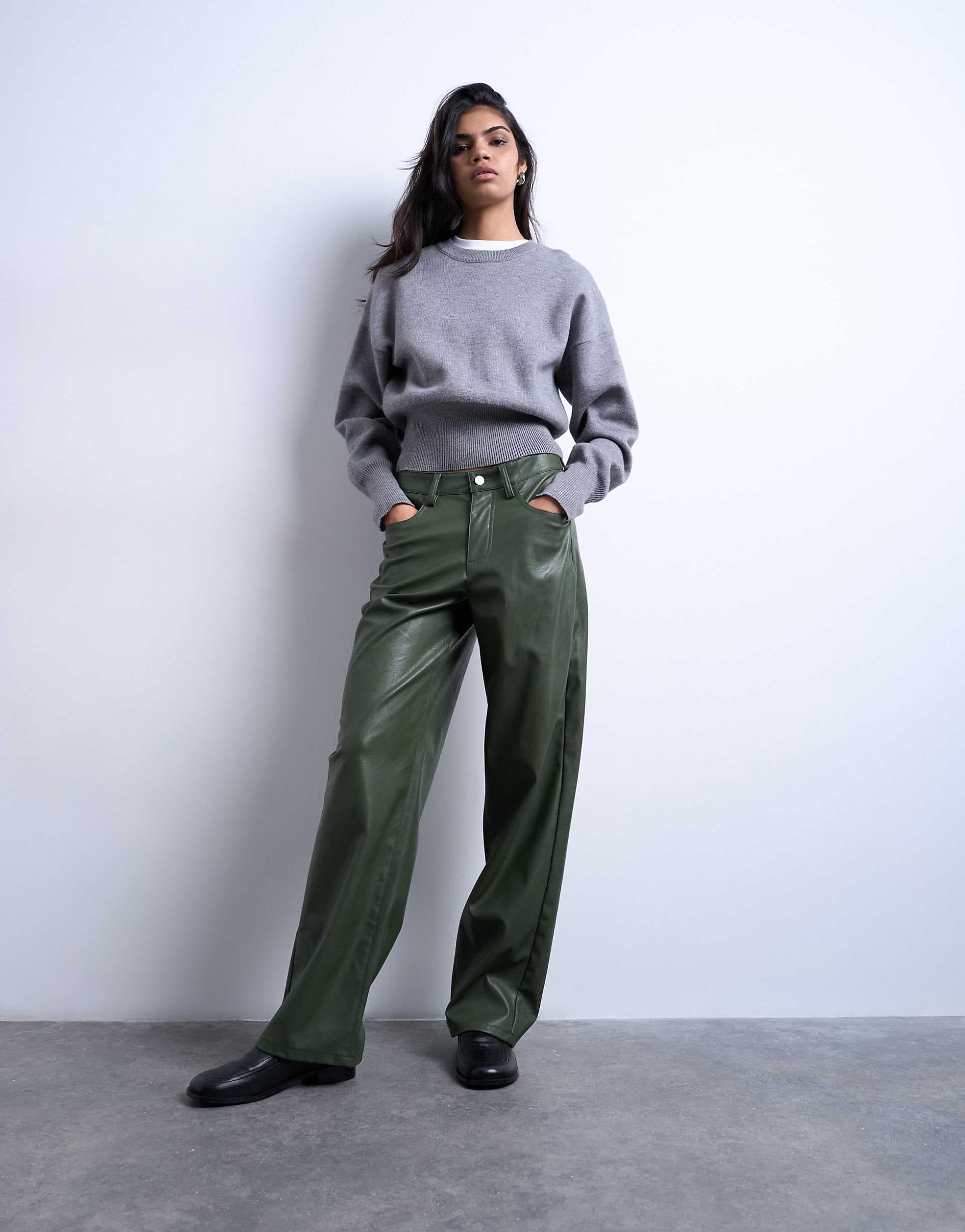Topshop faux leather cinch pants in green