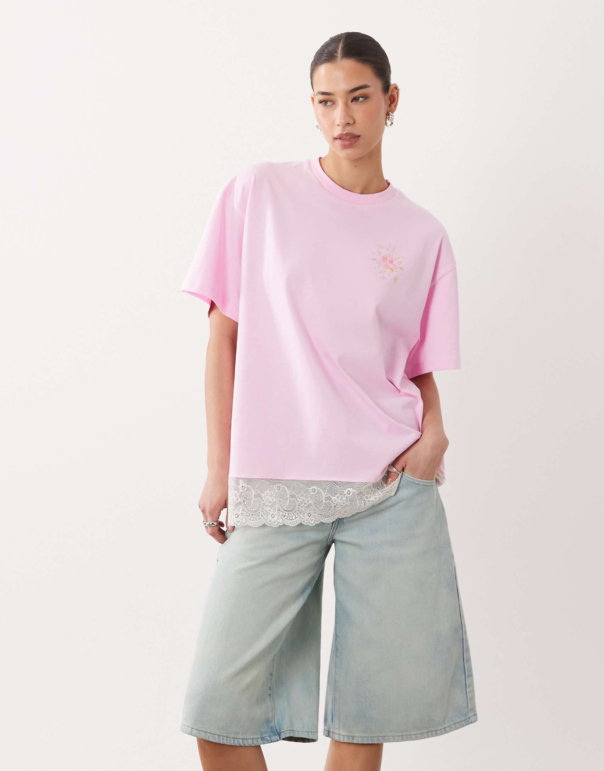 Miss Selfridge oversized graphic T-shirt with lace trim hem in pink