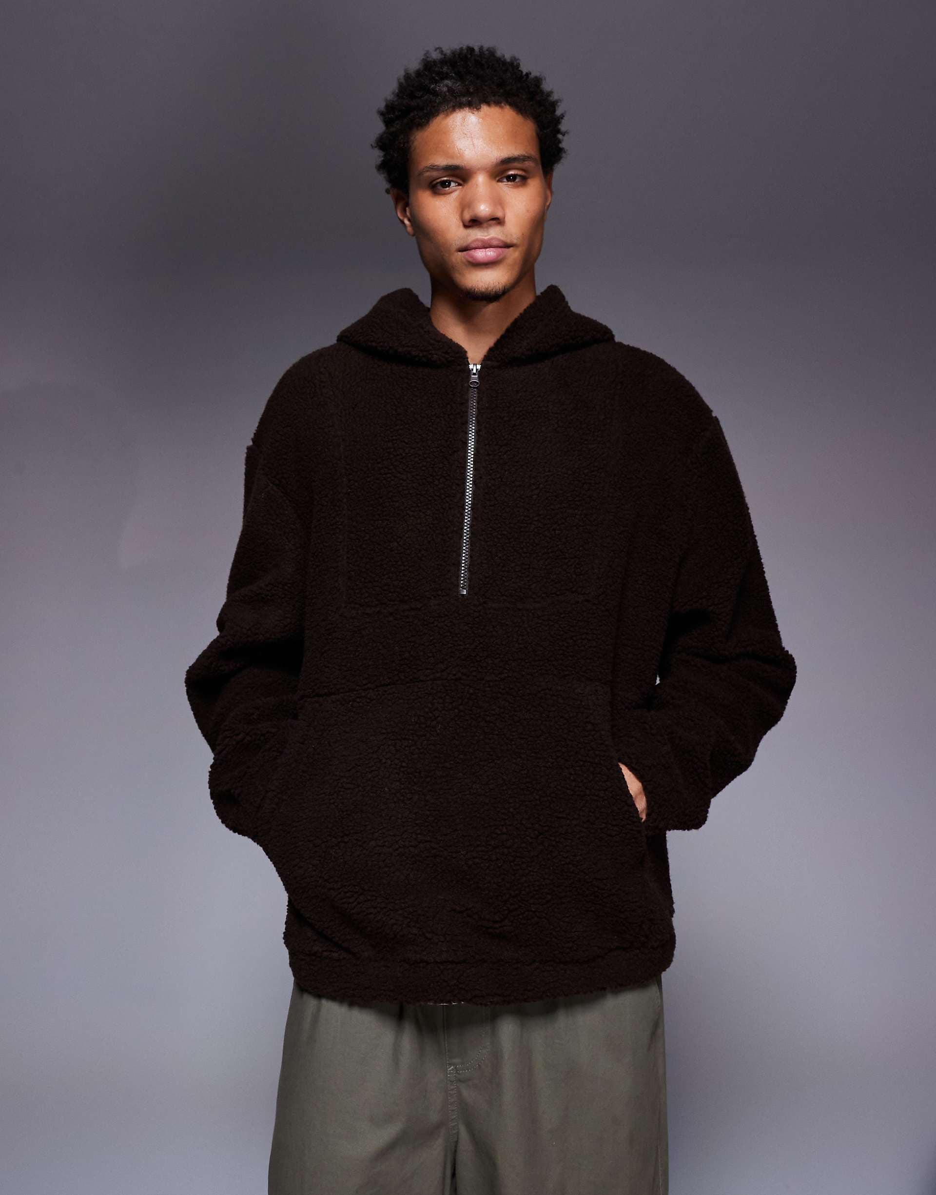 ASOS DESIGN extreme oversized quarter zip funnel neck teddy hoodie in brown