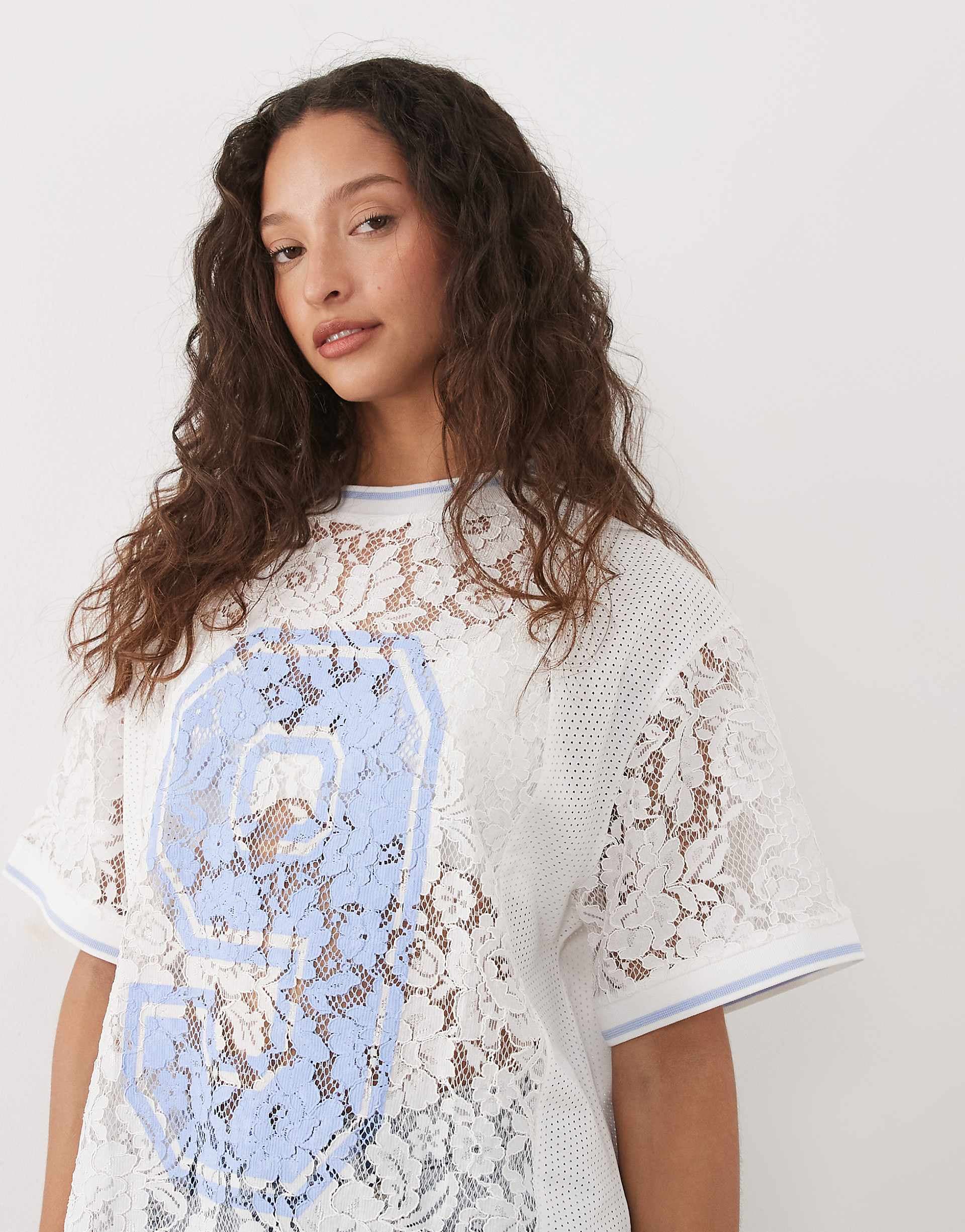 ASOS DESIGN oversized lace top with football graphic in white