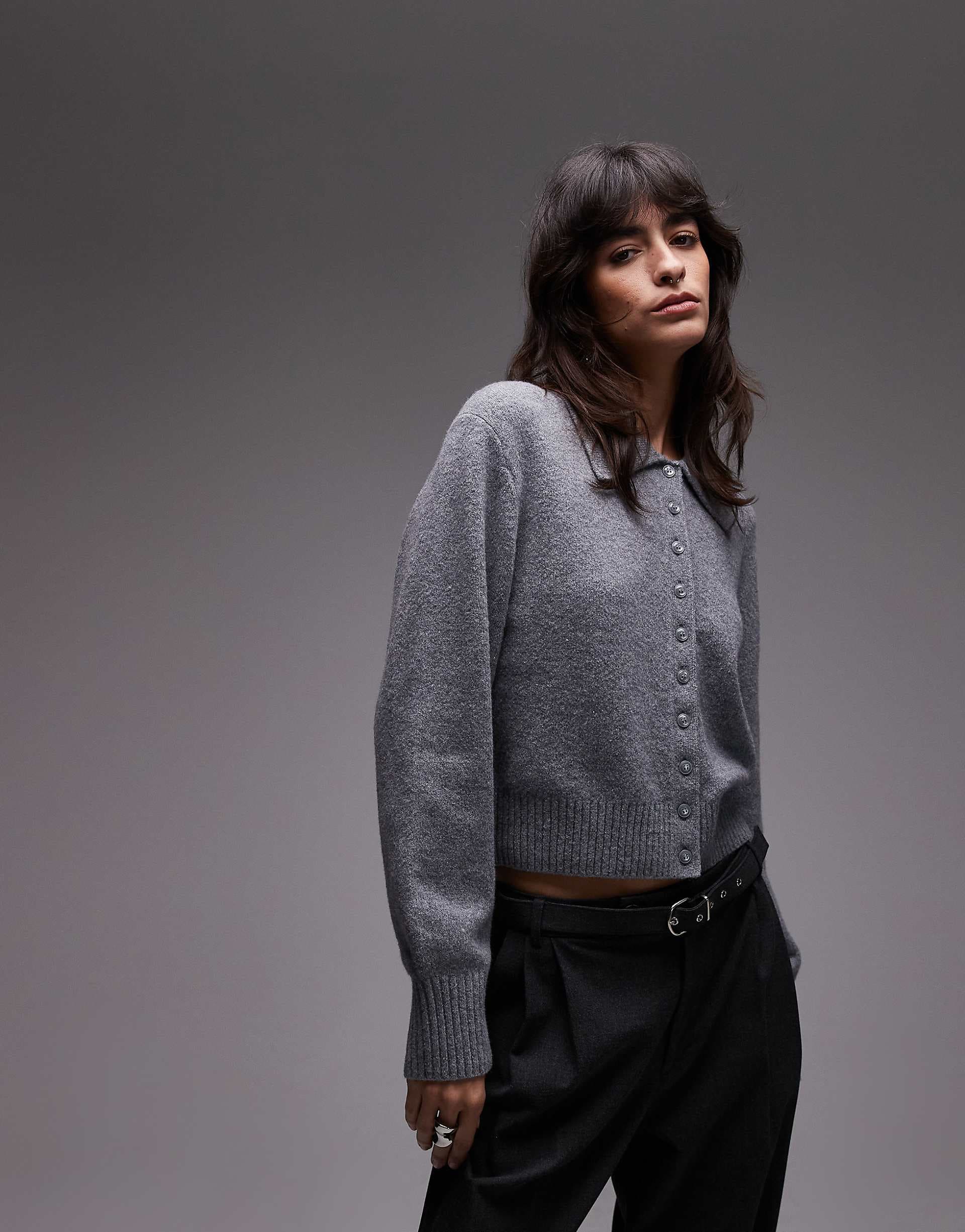& Other Stories knit cardigan with collar and button front in gray