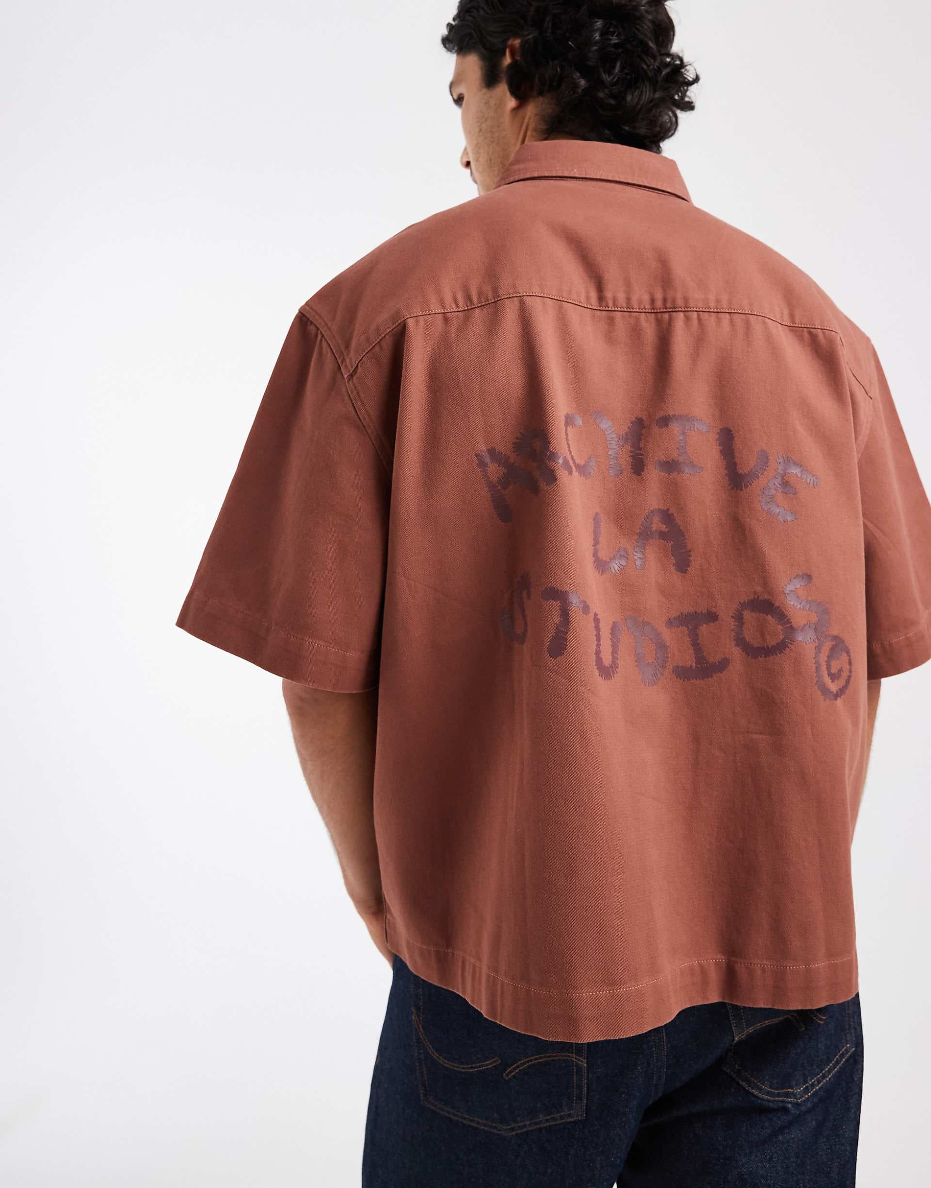ASOS DESIGN boxy oversized half sleeve twill shirt with back print in brown