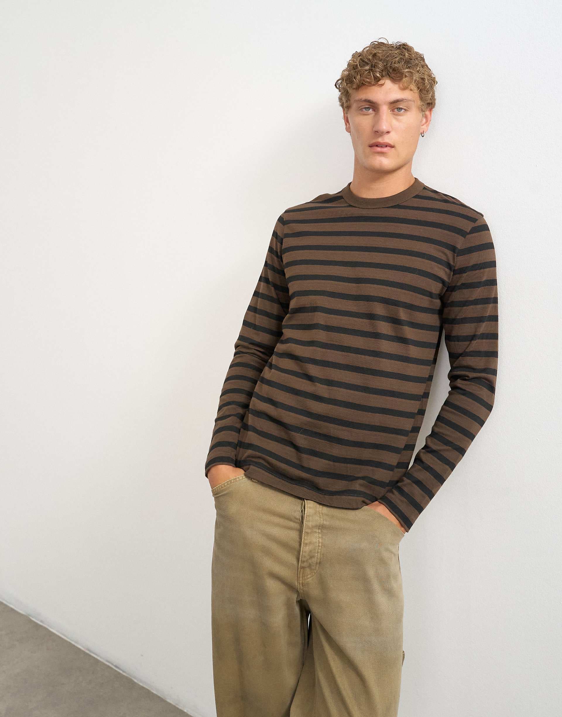 Topman classic fit long sleeve T-shirt with stripes in brown