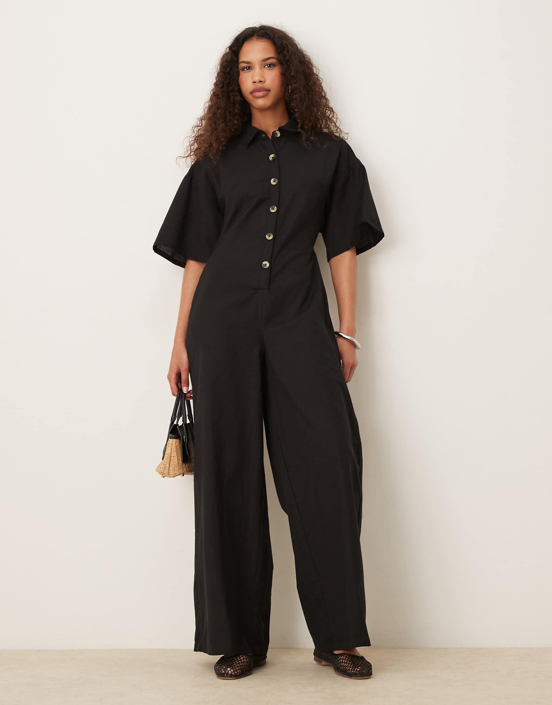 ASOS DESIGN button down collared wide leg jumpsuit in black