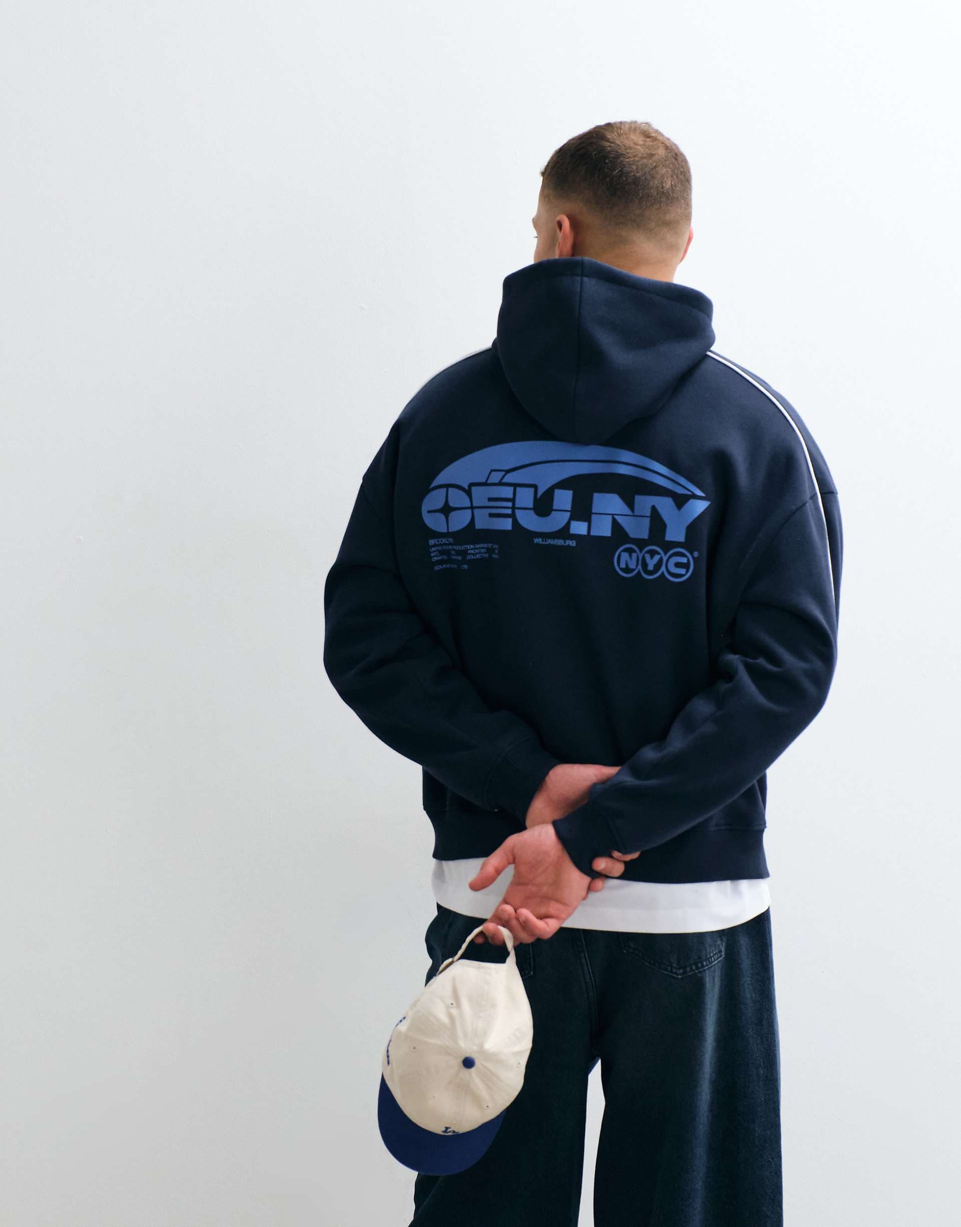 ASOS DESIGN extreme oversized boxy hoodie with print and piping in navy