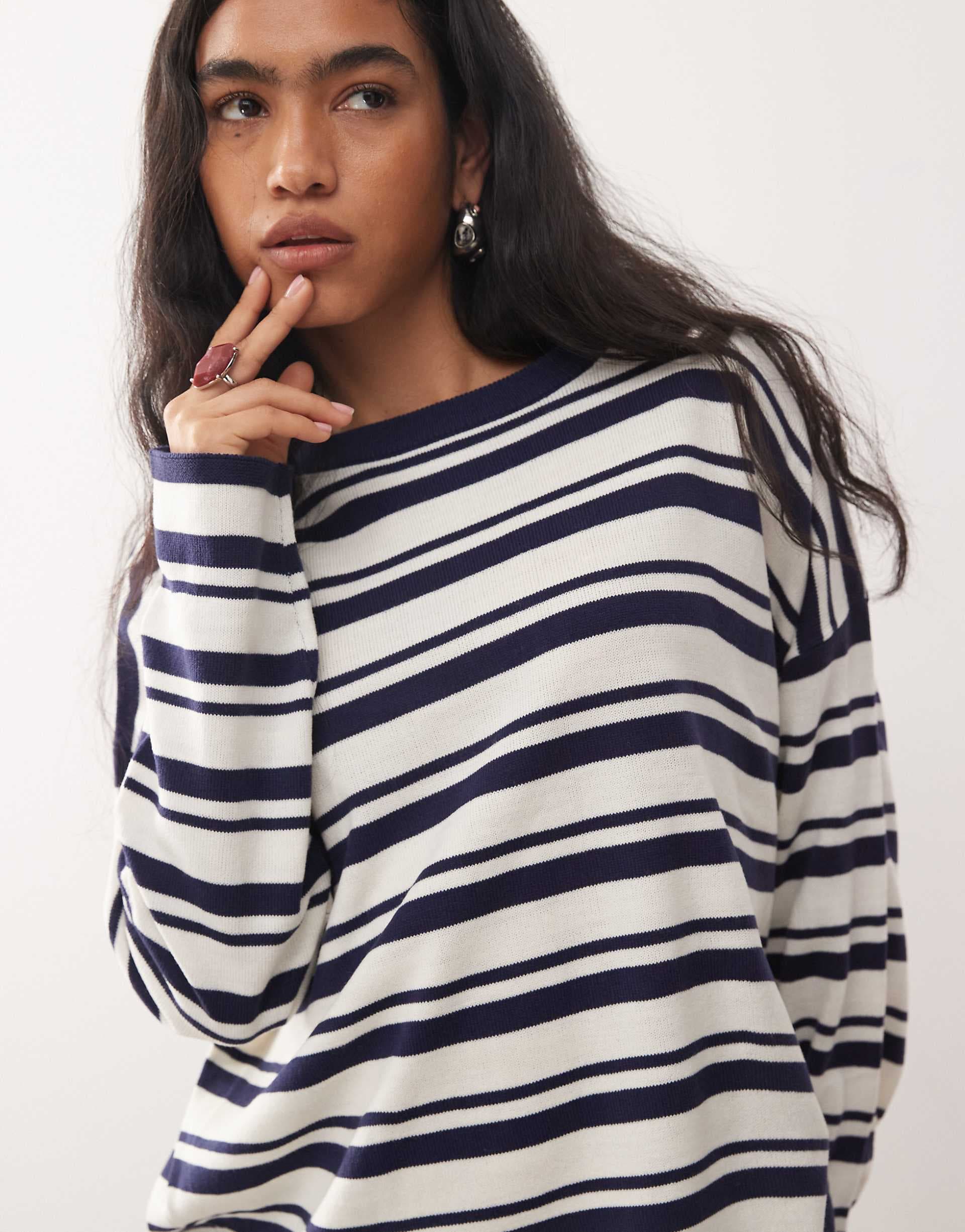 COLLUSION striped crew neck sweater in navy