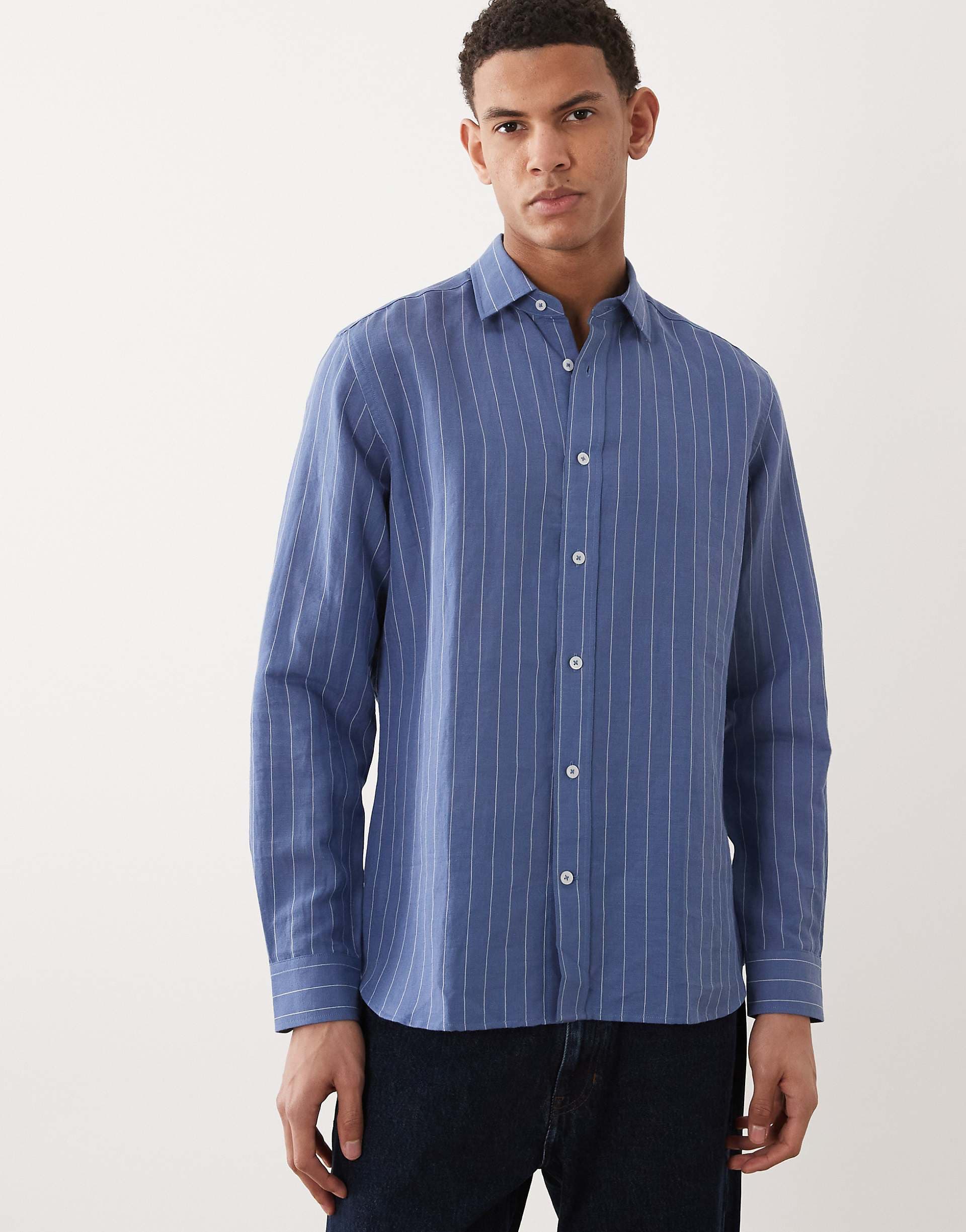 Mango linen mix long sleeve striped shirt in blue