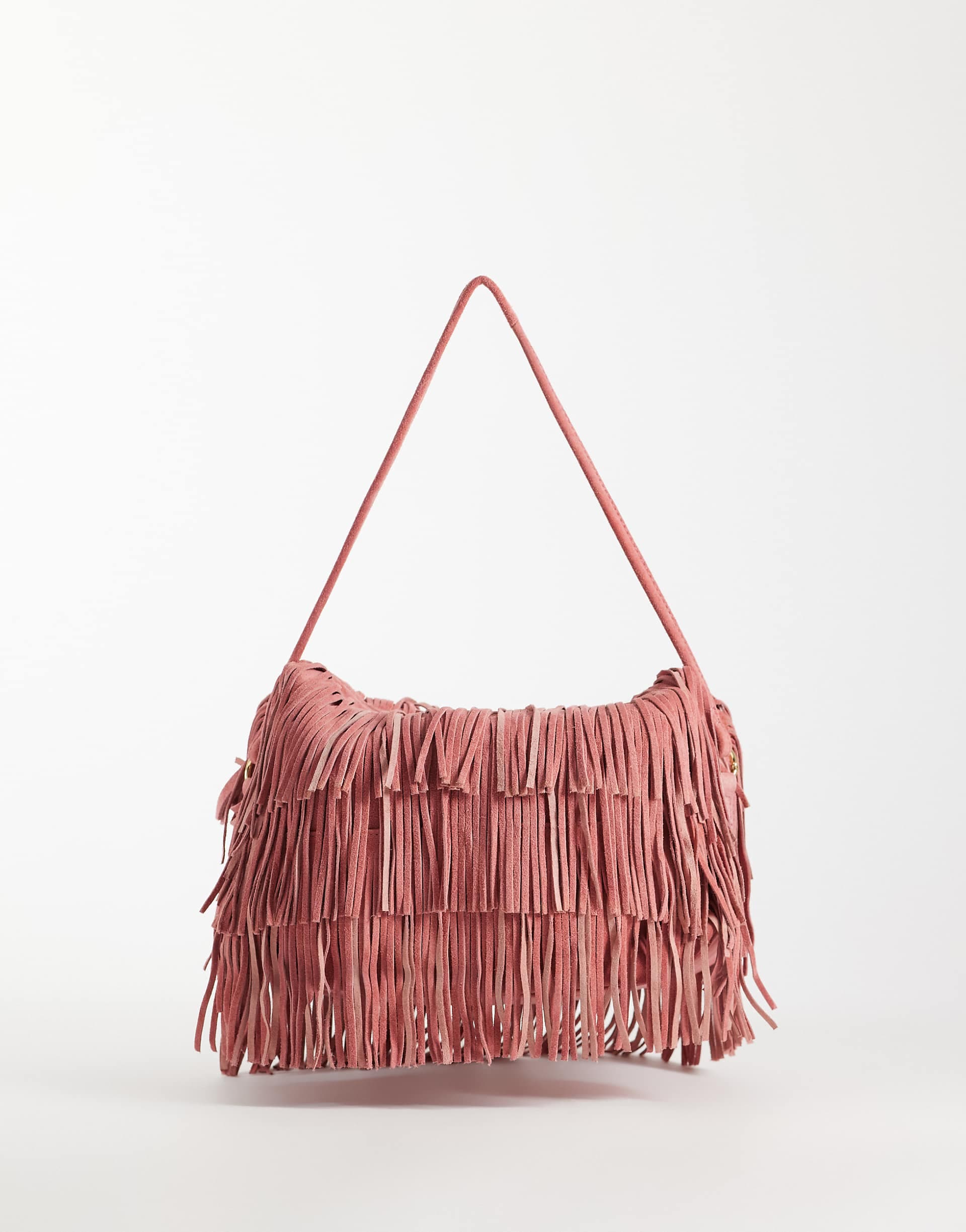 ASOS DESIGN suede fringe clutch bag with detachable shoulder strap in dusty pink