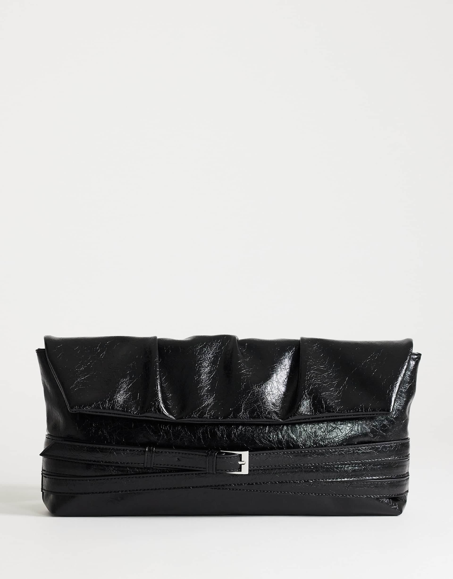 Topshop Meadow strap trim clutch purse in black faux suede