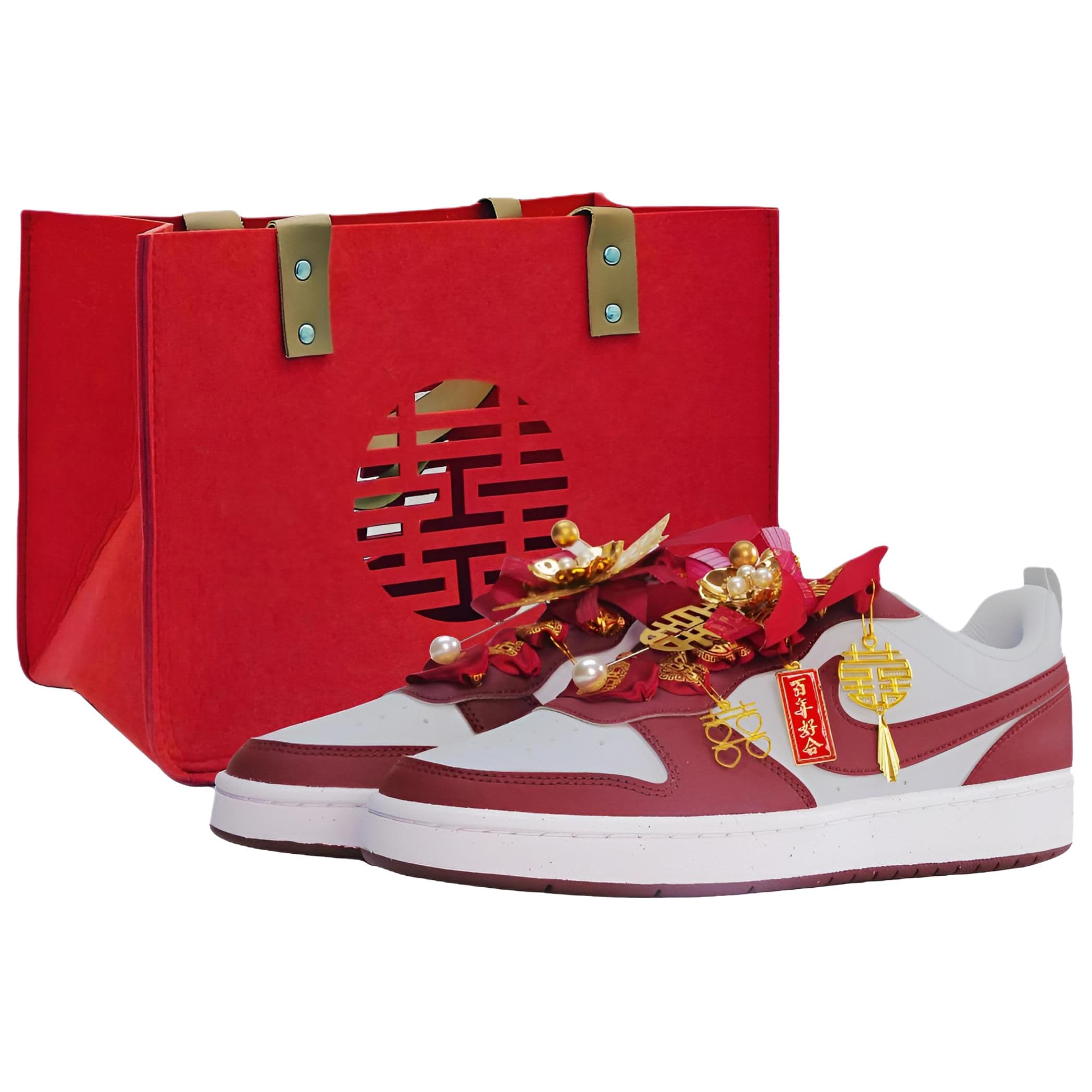 Custom Nike Court Borough 'Harmonious Union' Synthetic Leather New Chinese Style CNY Year of the Horse Xiuhe Couple Festive Ceremonial Retro Wear-Resistant Low-Top Sneakers Women's Wine Red GS