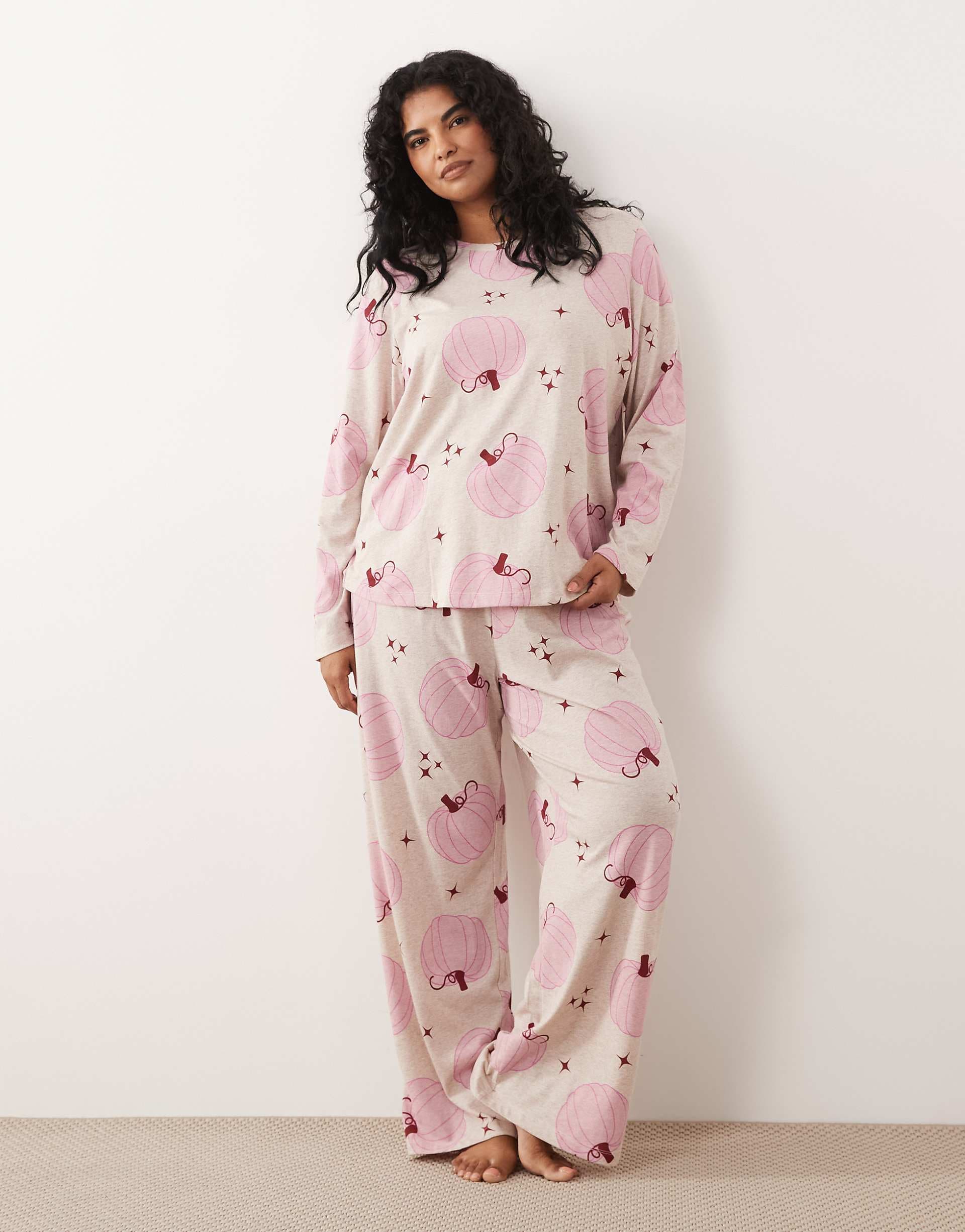 ASOS DESIGN Curve long sleeve pajama set in pumpkin print