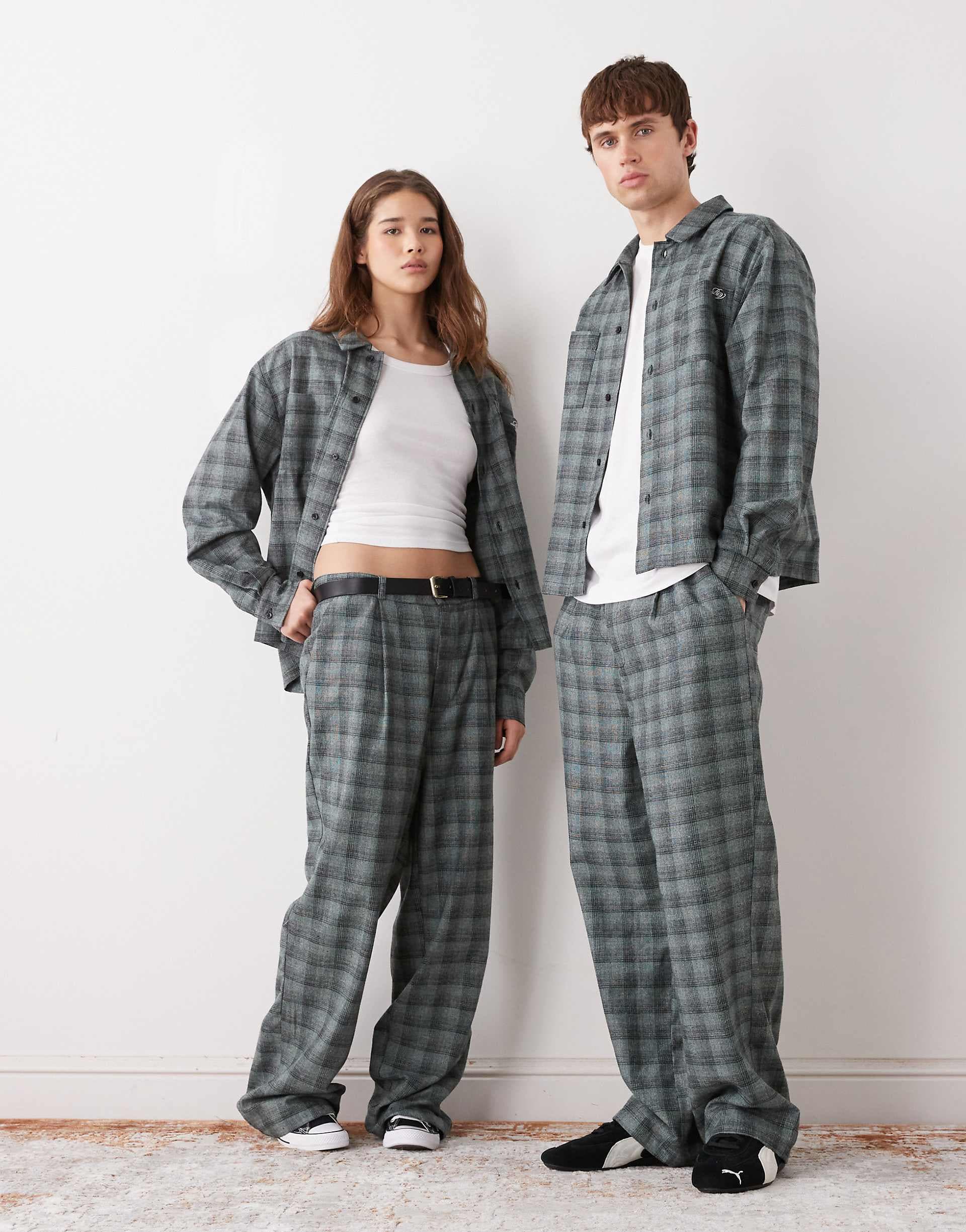 Reclaimed Vintage unisex pants in gray and blue plaid - part of a set