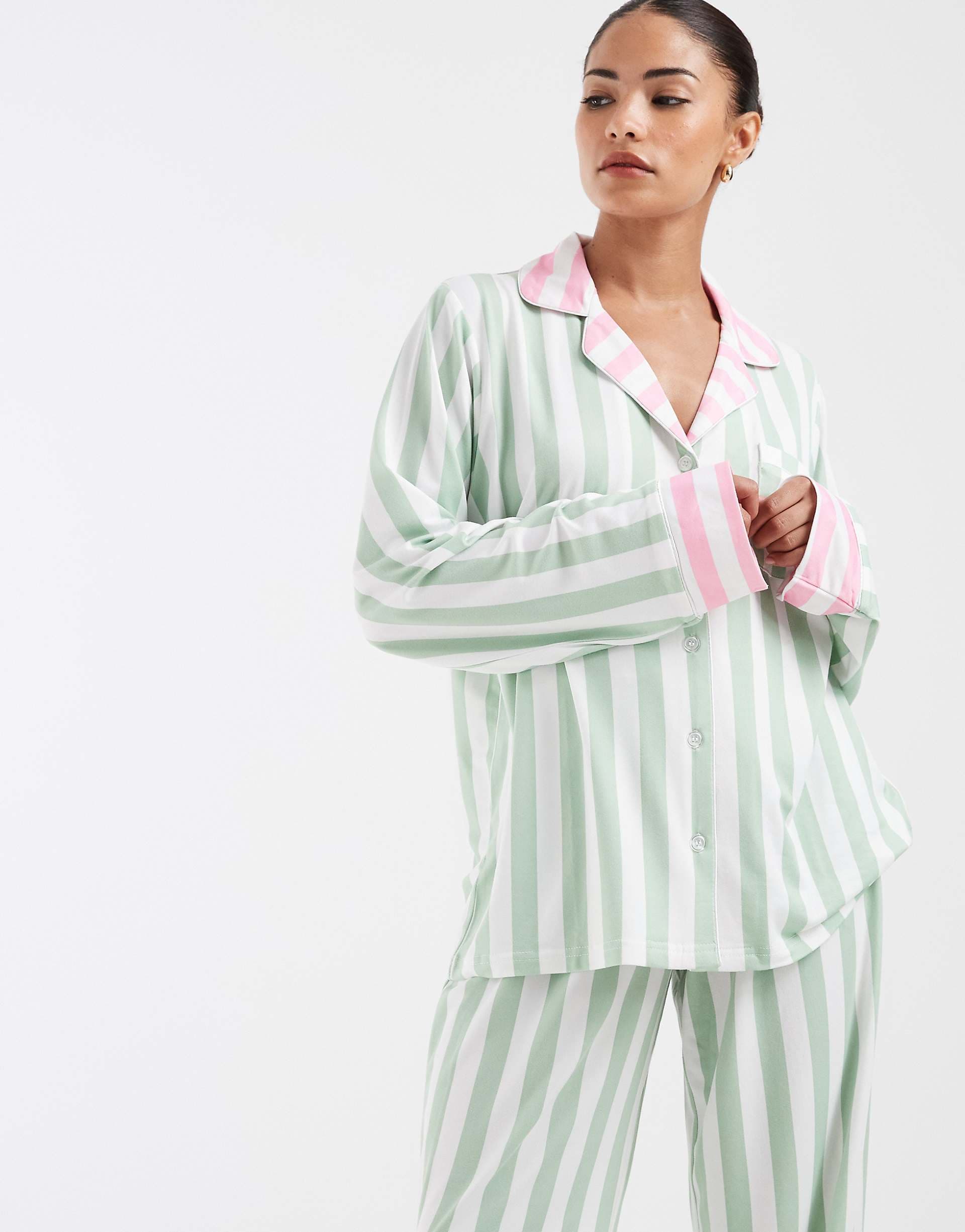 Loungeable Petite camp collar button up shirt and pants pajama set in pink and green stripes