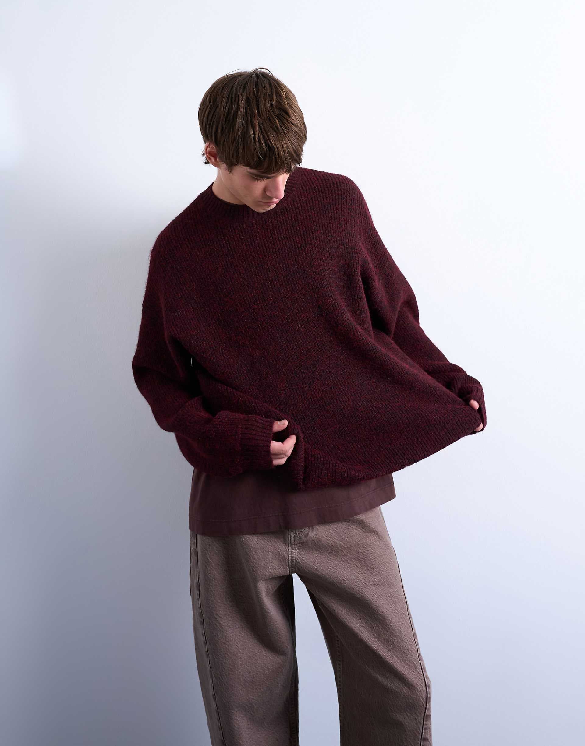Topman oversized fit crew sweater in burgundy