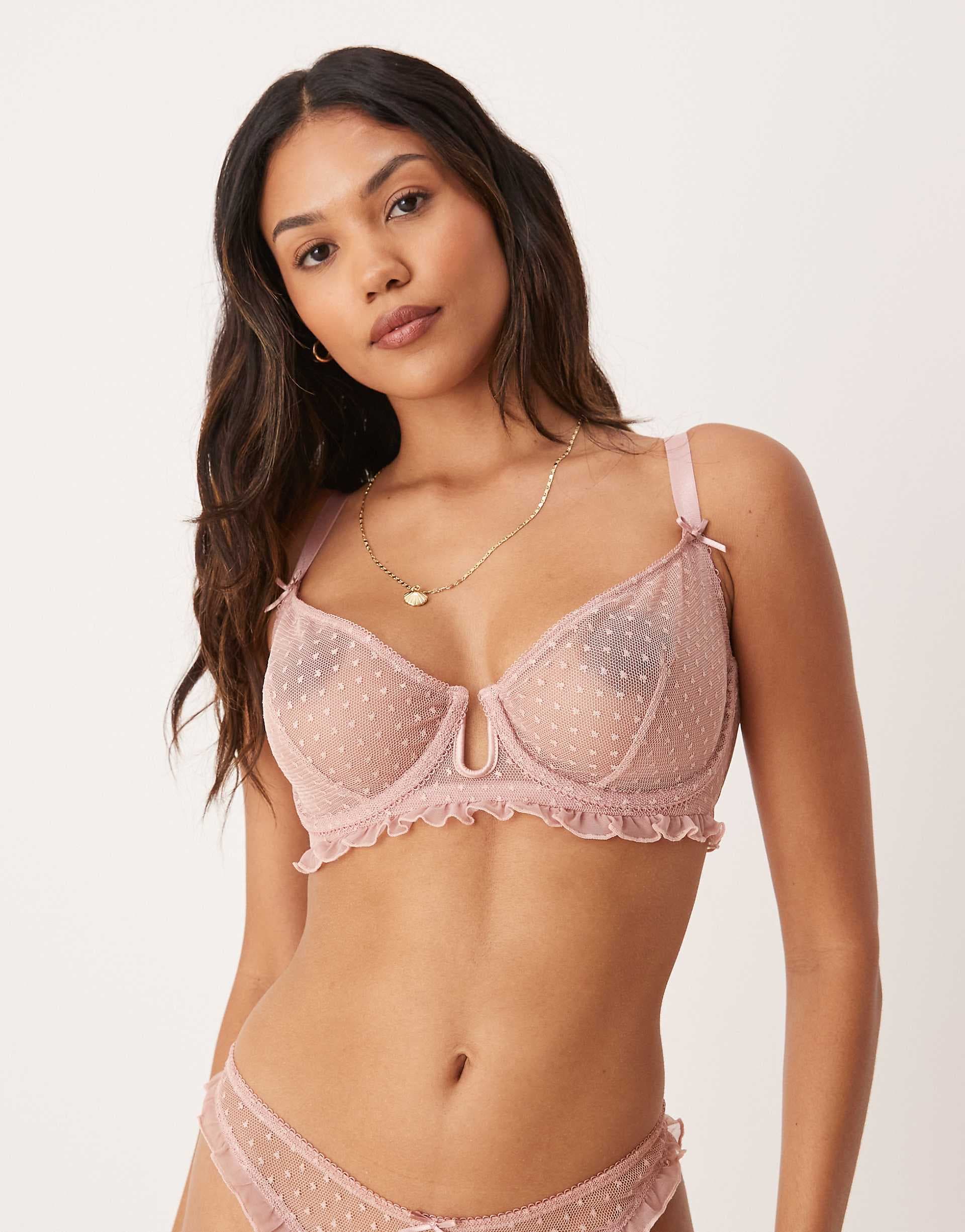 ASOS DESIGN Fuller Bust Jessie spot embroidery frill underwired bra in dusty pink
