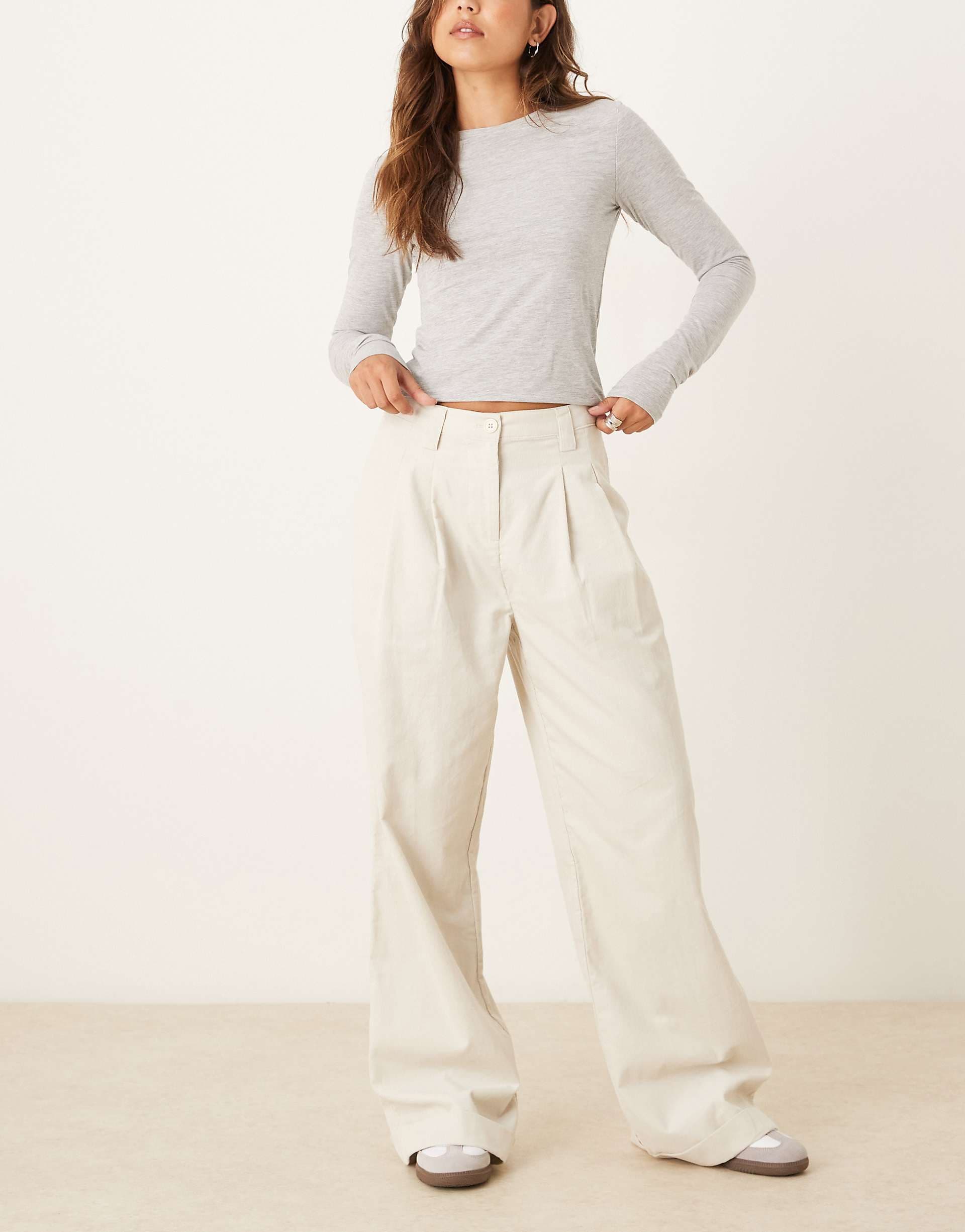 ASOS DESIGN cuffed hem wide leg corduroy pants in cream