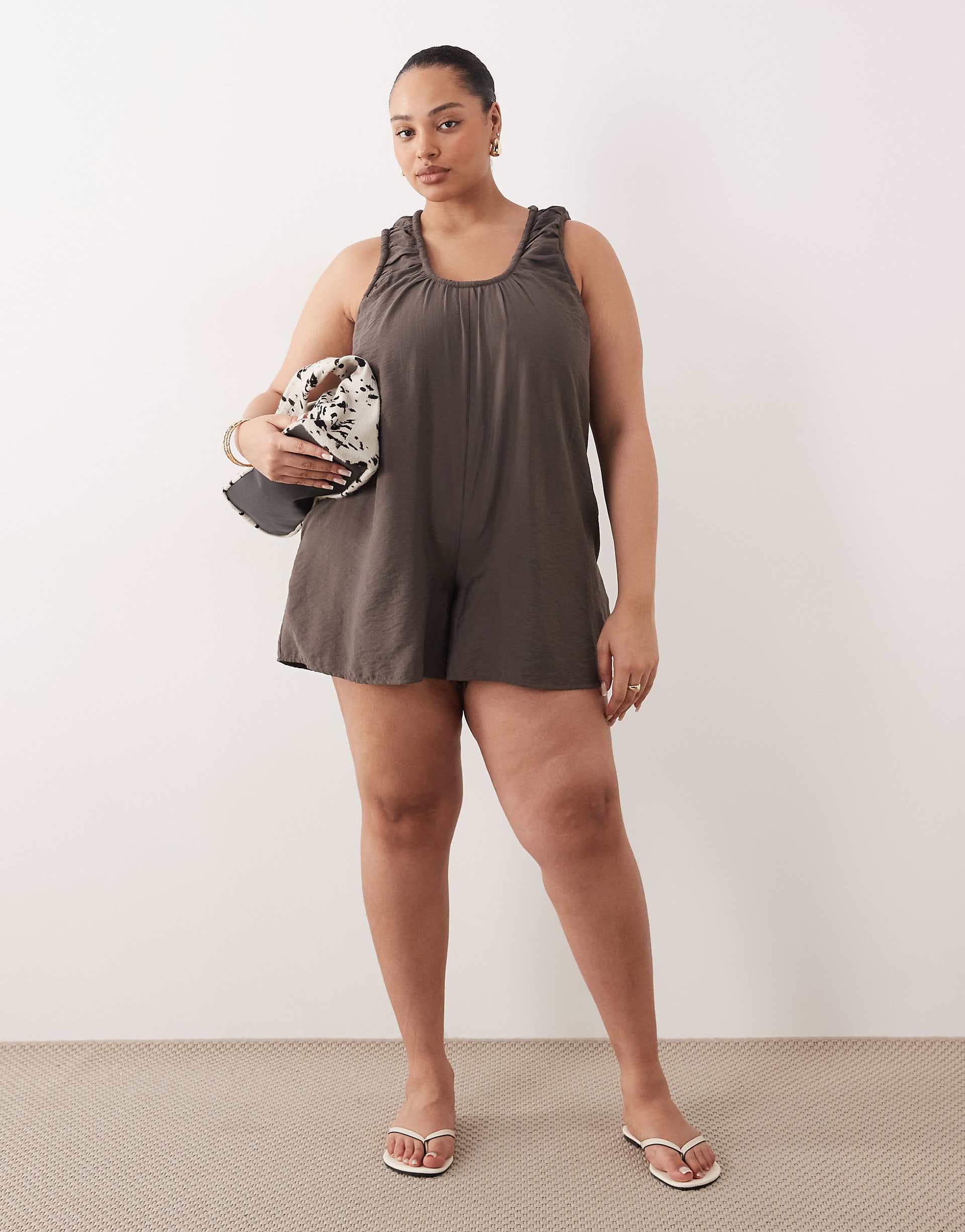 ASOS DESIGN Curve scoop neck smock romper in charcoal