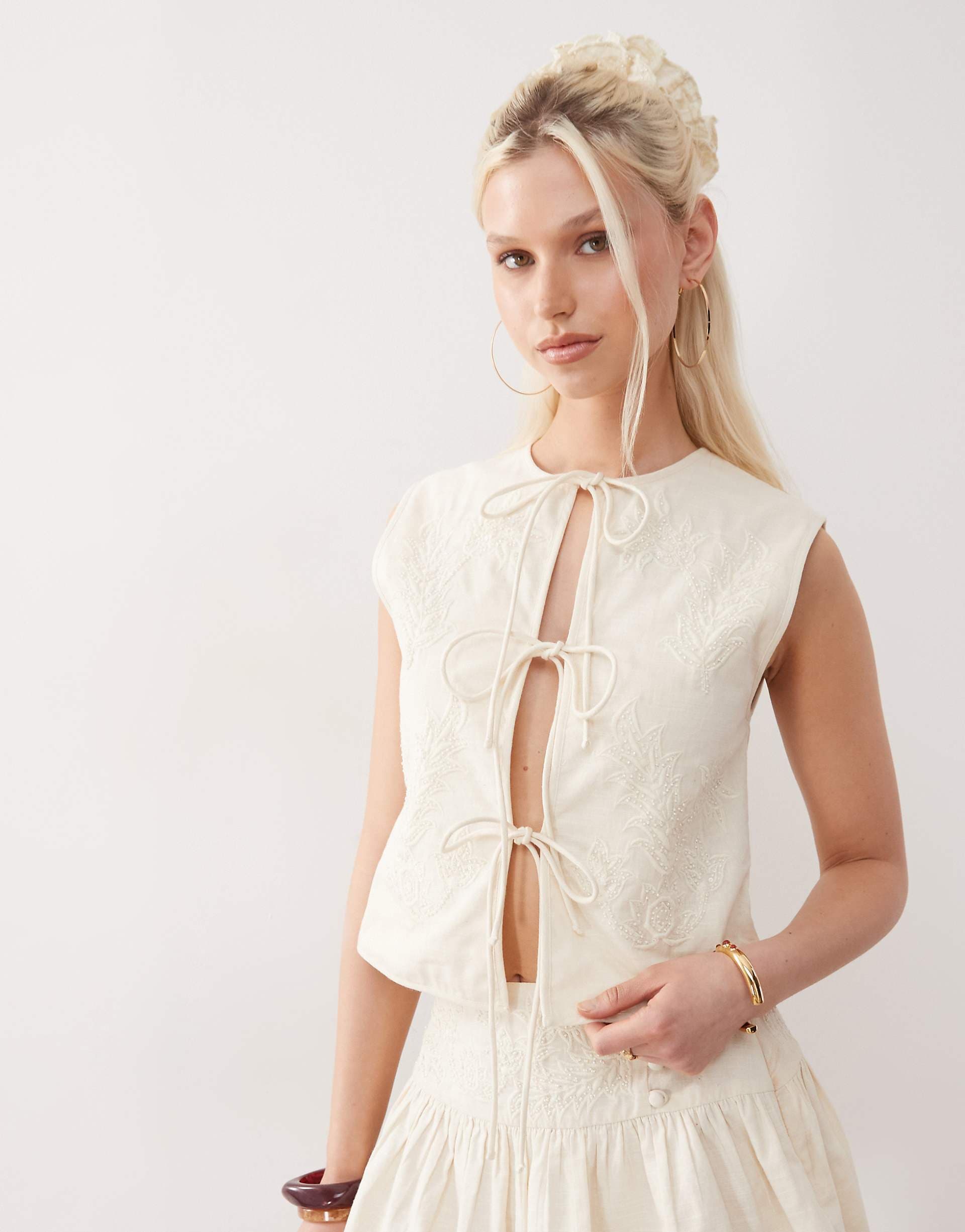 Reclaimed Vintage Limited Edition tie front top with pearl embroidery - part of a set