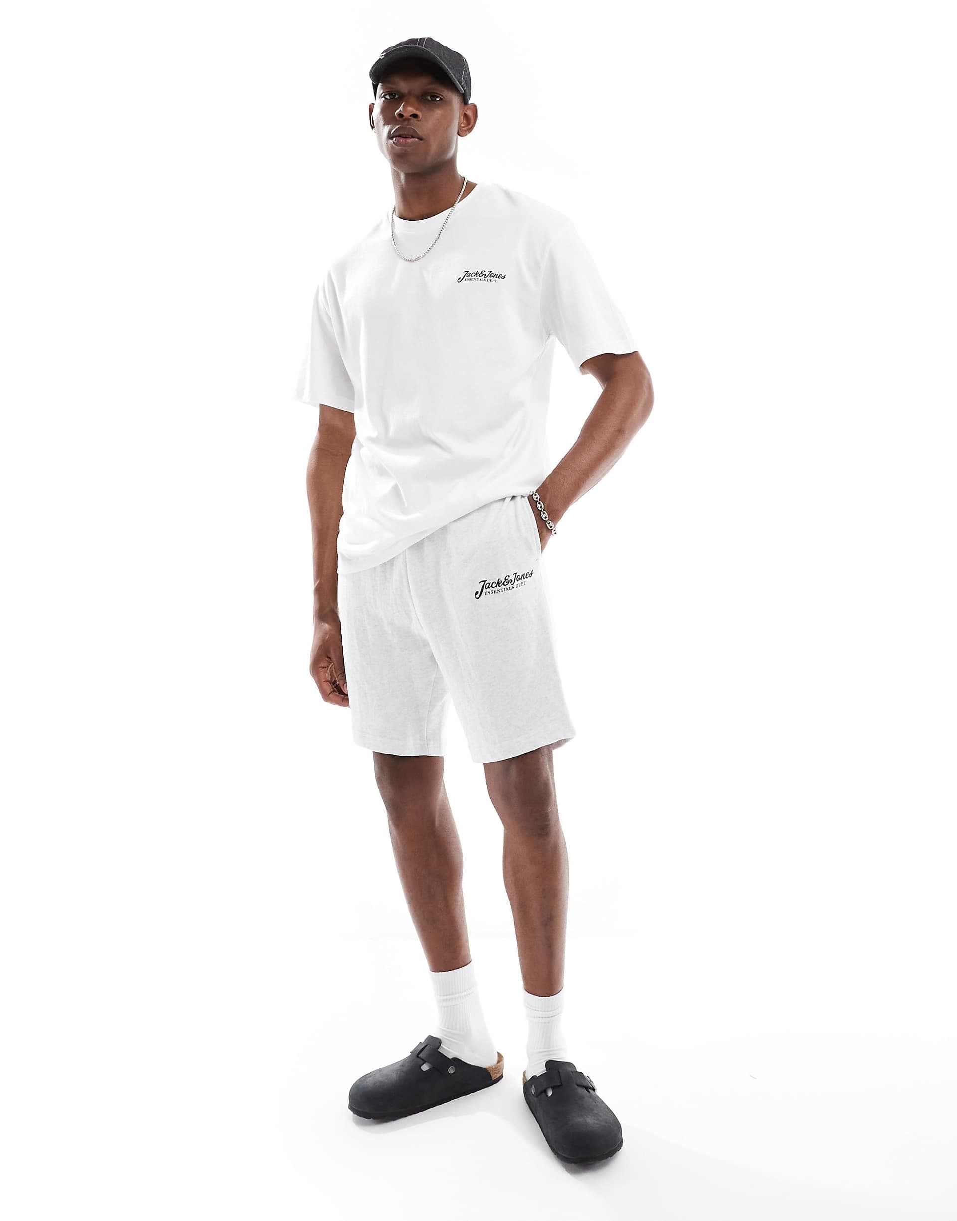 Jack & Jones script logo t-shirt & shorts lounge set in white & gray