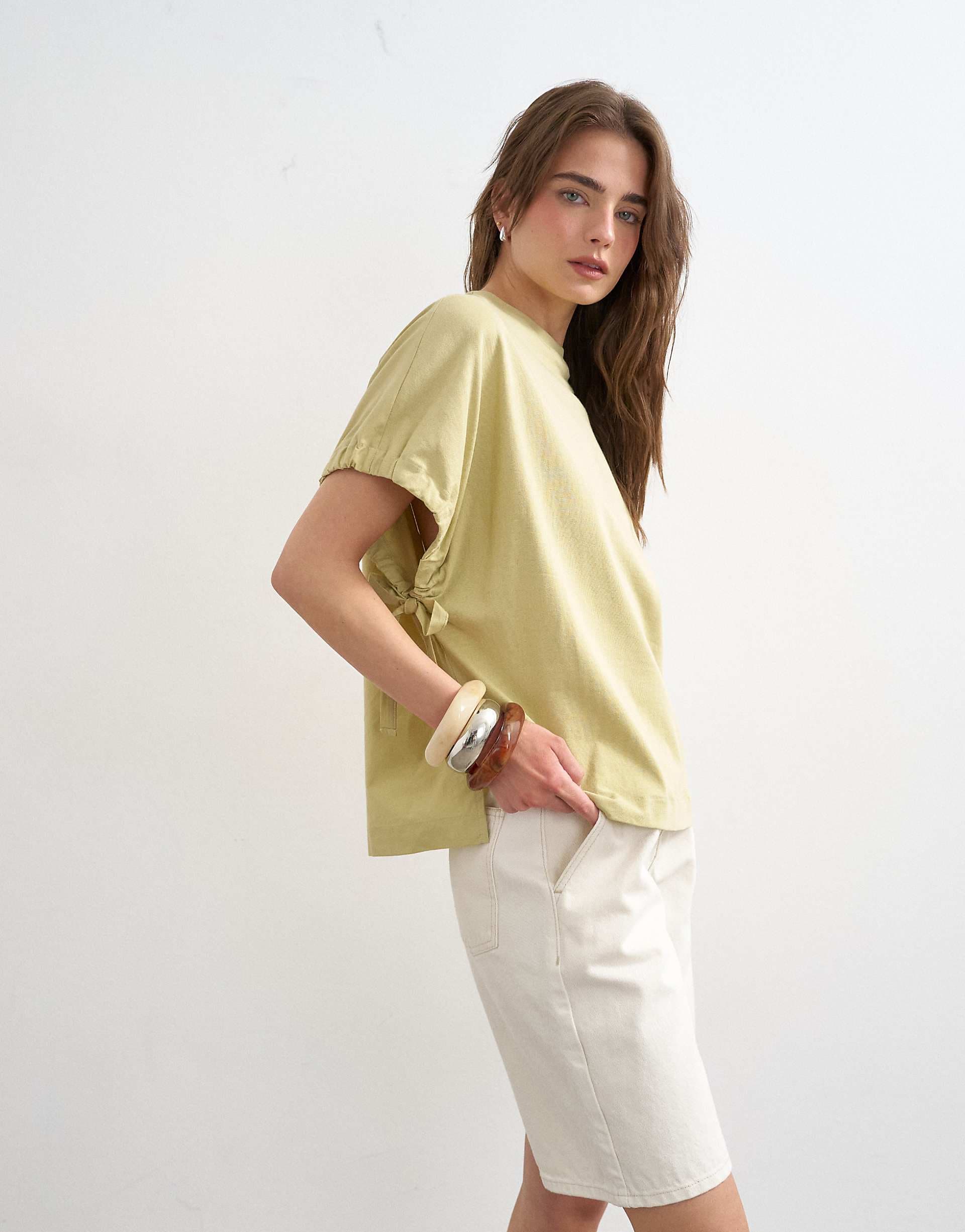 Topshop hybrid tie sleeve tee in soft khaki green