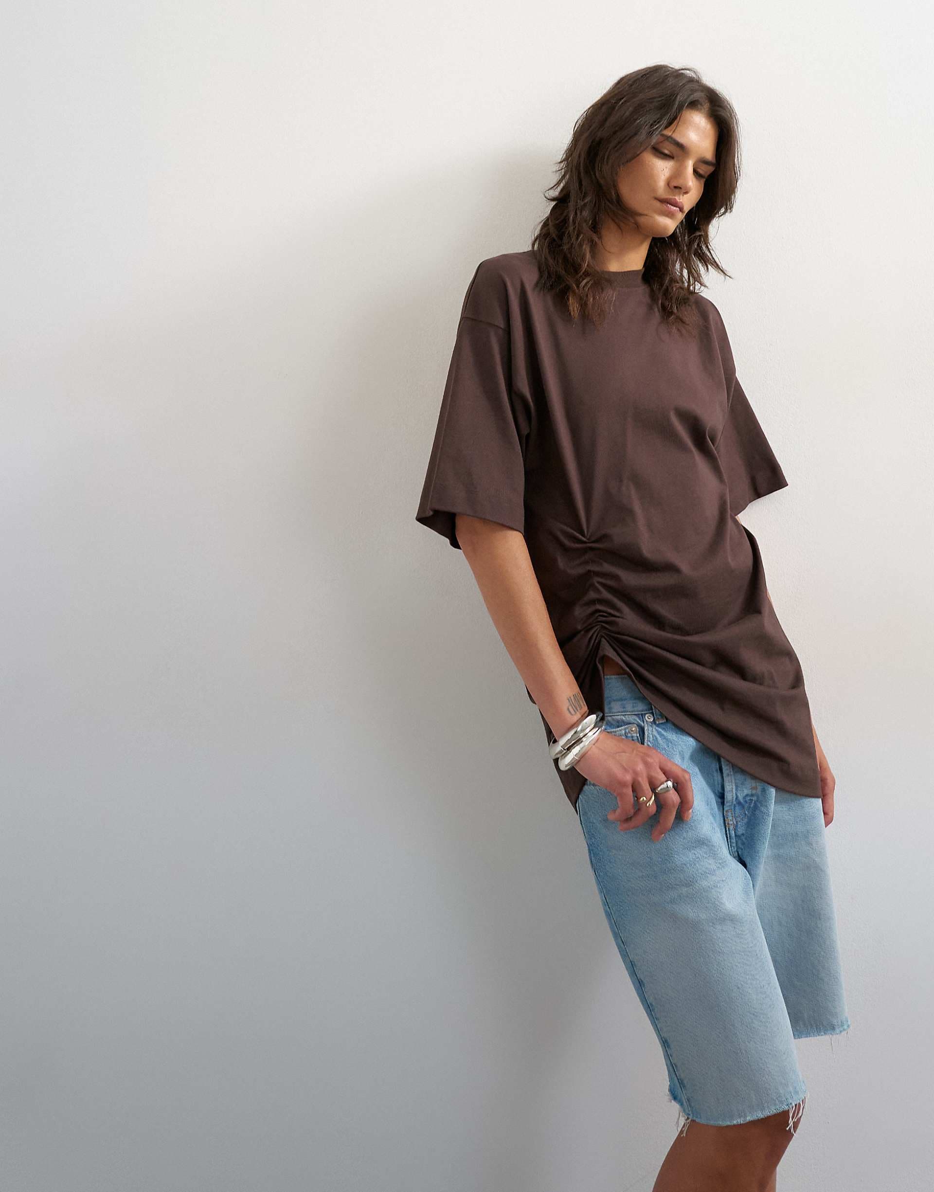 Topshop ruched side tee in chocolate