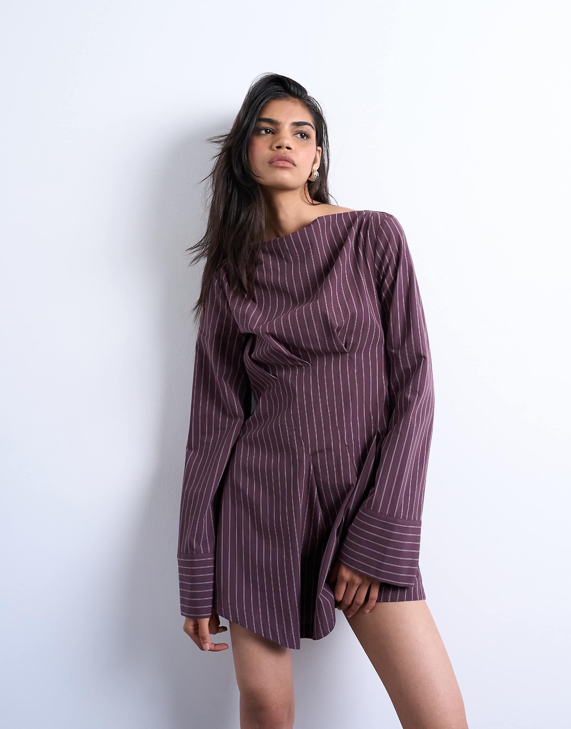 Topshop cut about long sleeve mini dress in burgundy stripe