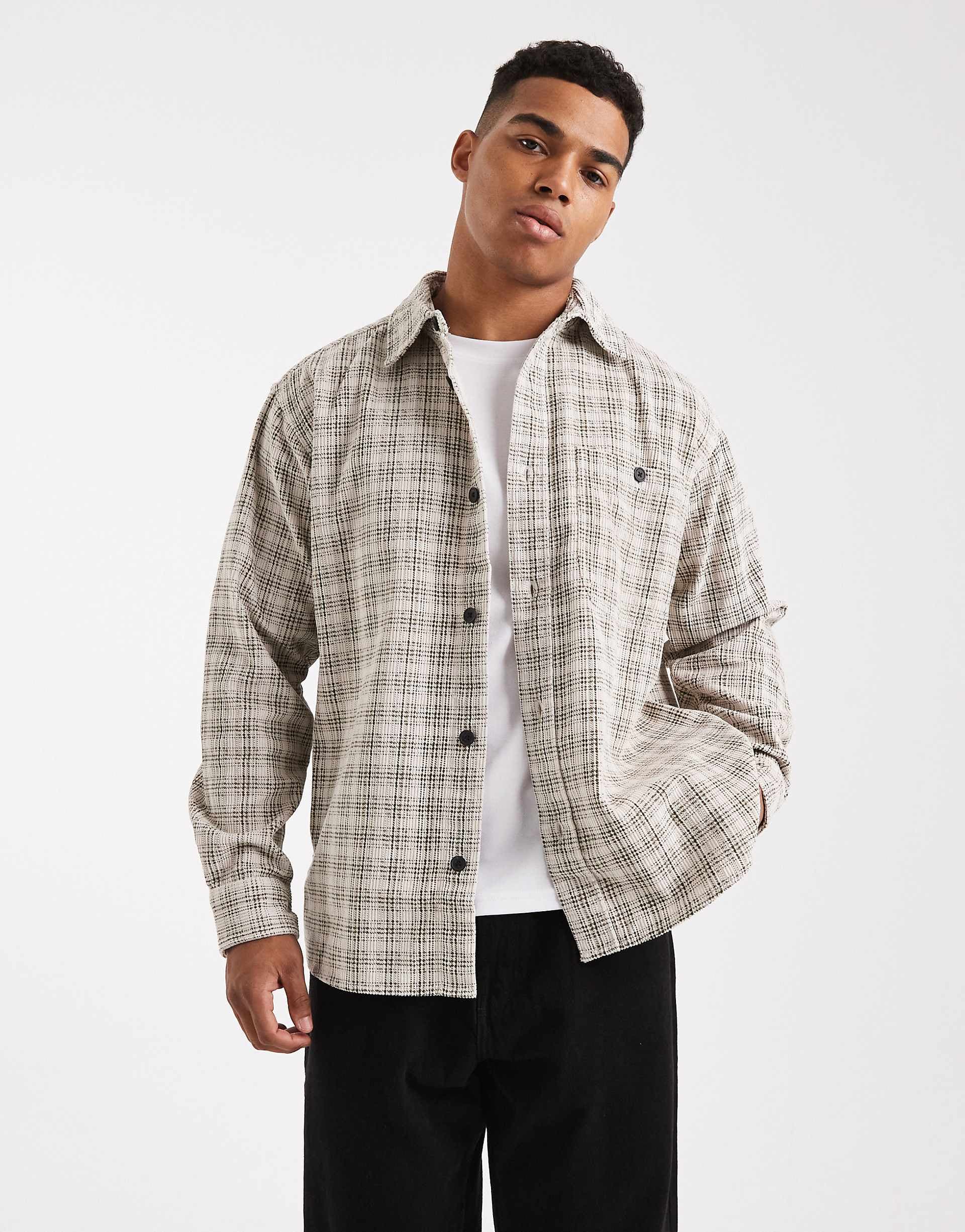 ONLY & SONS cord overshirt in dark cream plaid