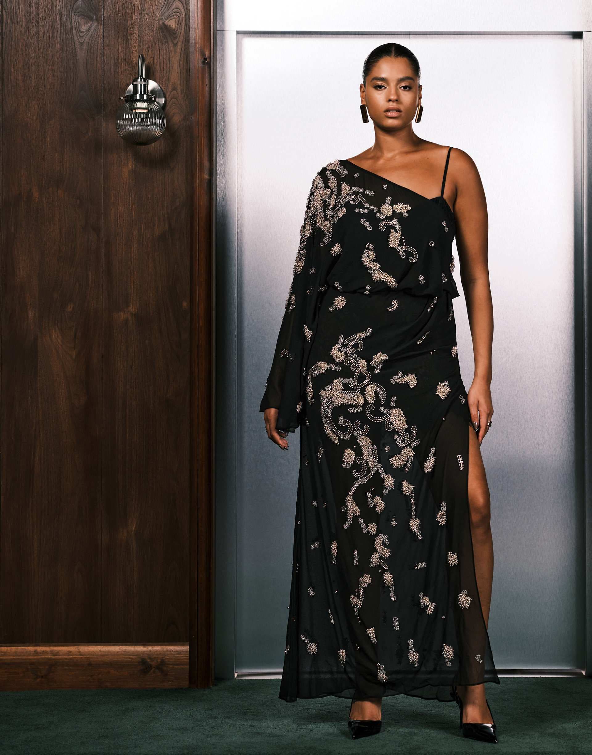 ASOS DESIGN Curve draped batwing sleeve embellished maxi dress with lace in black
