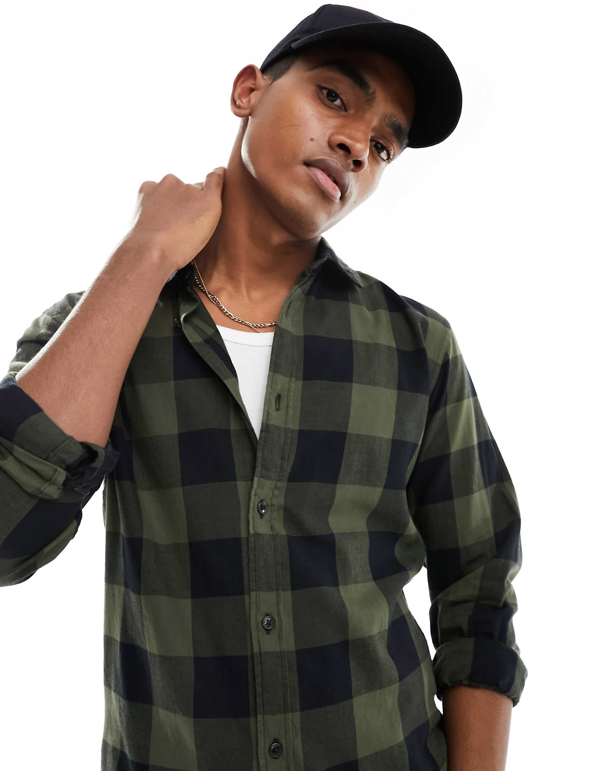 Jack & Jones Essentials buffalo plaid shirt in khaki & black