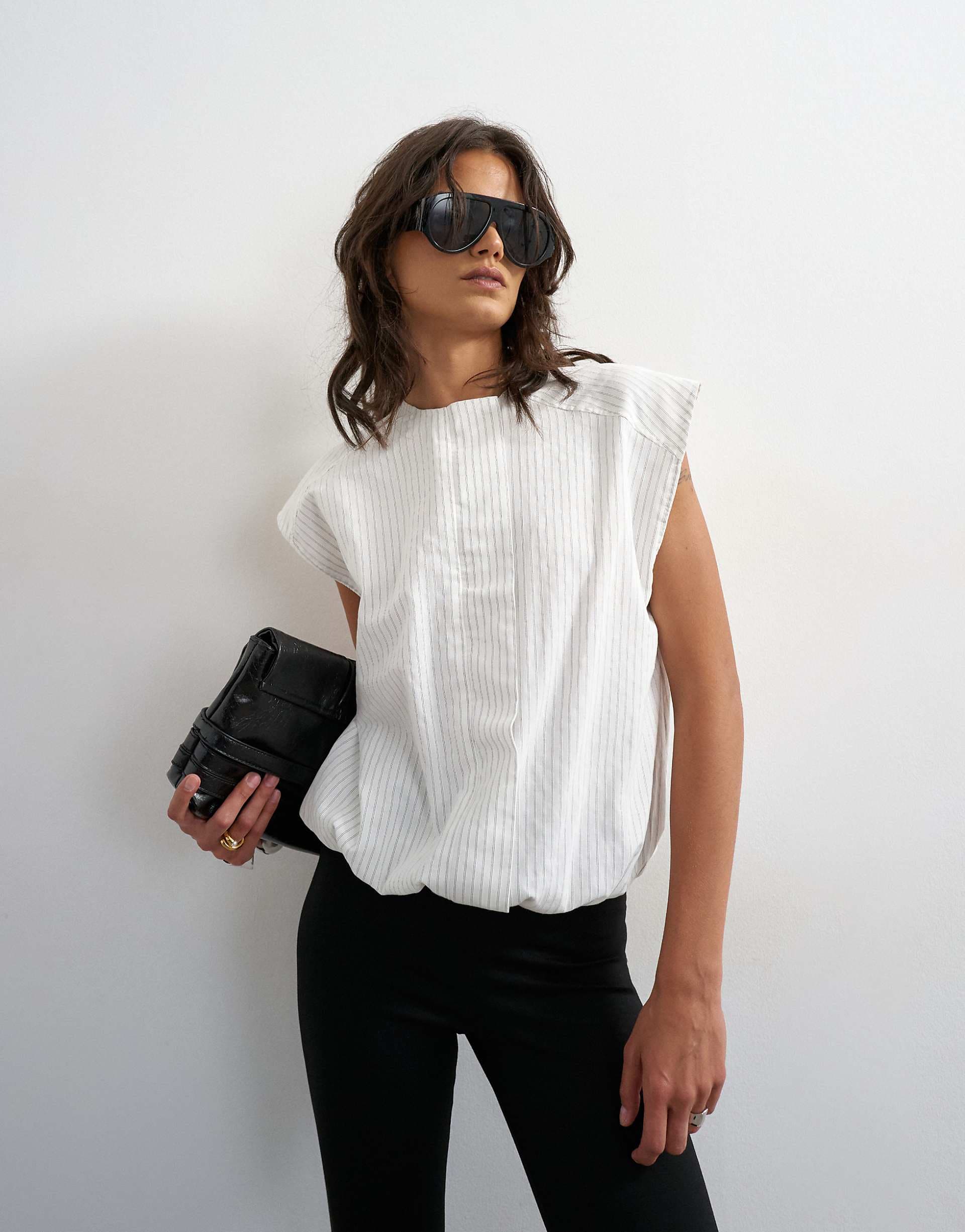 Topshop soft zip up structured shoulders top in white stripes