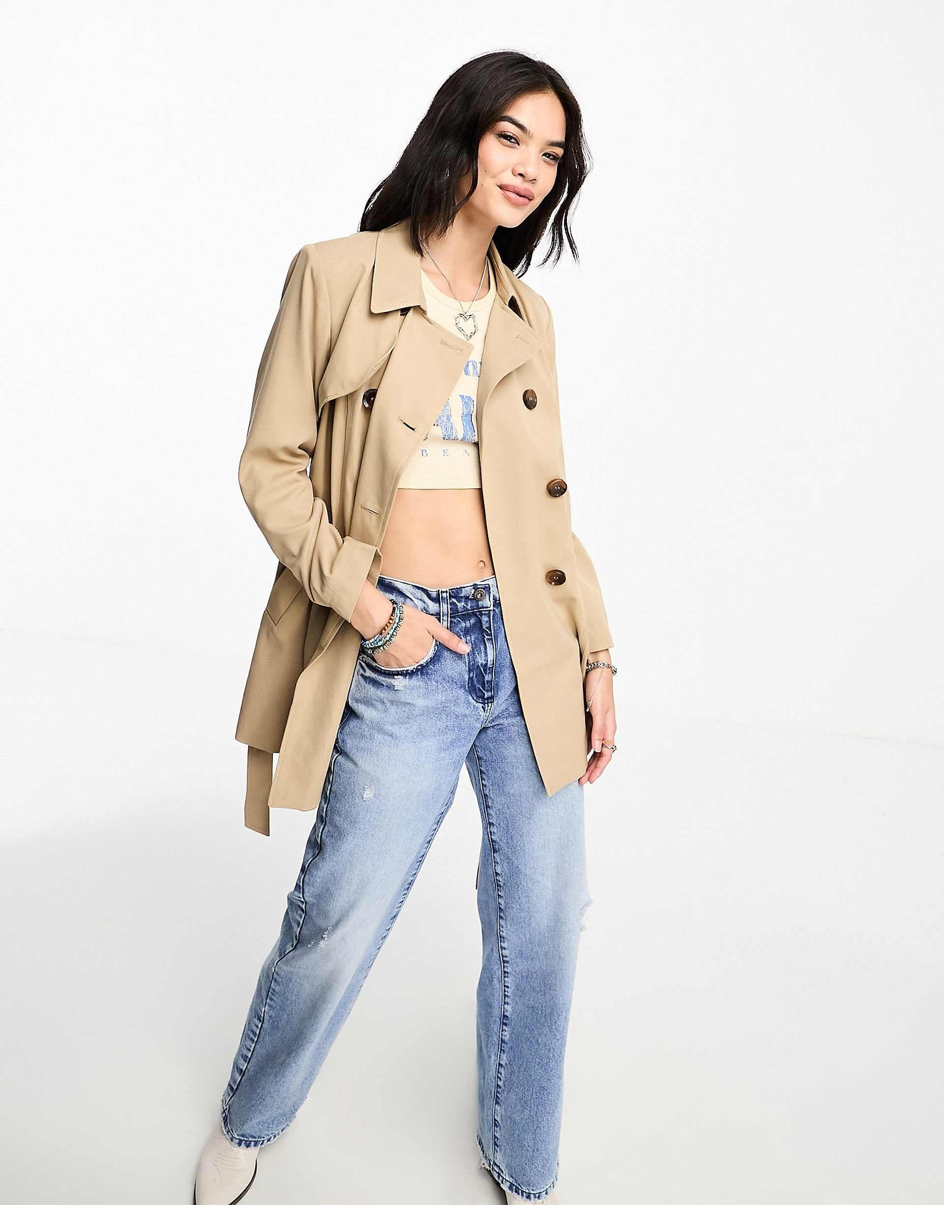 Only button detail short trench coat in beige