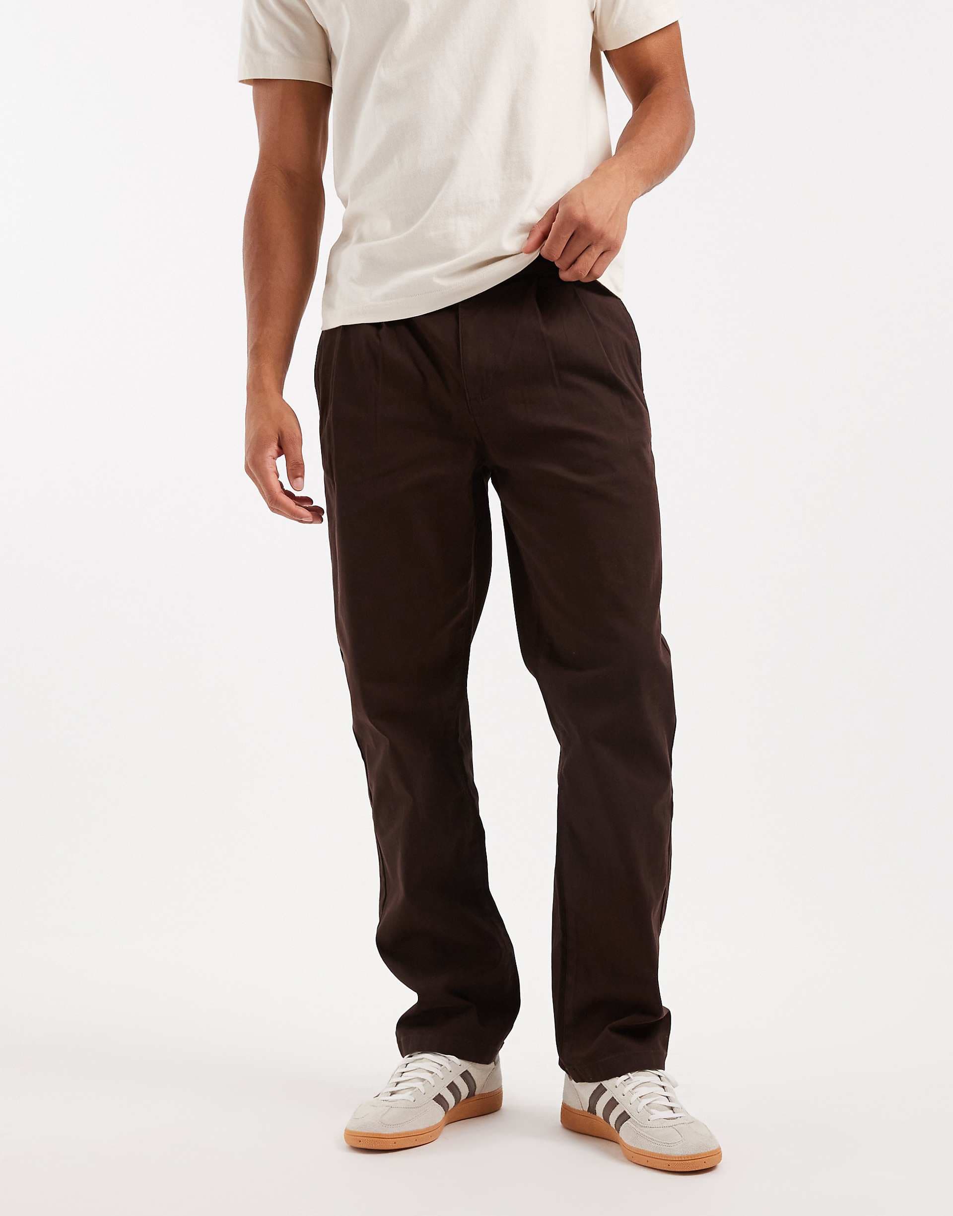 ASOS DESIGN straight leg pants in brown with pleats and side cinching