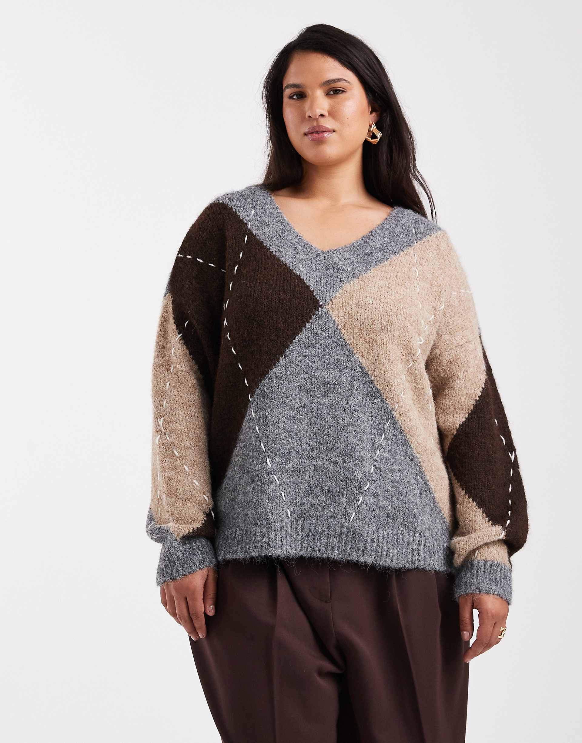 Vero Moda Curve oversized argyle knit sweater in medium gray melange