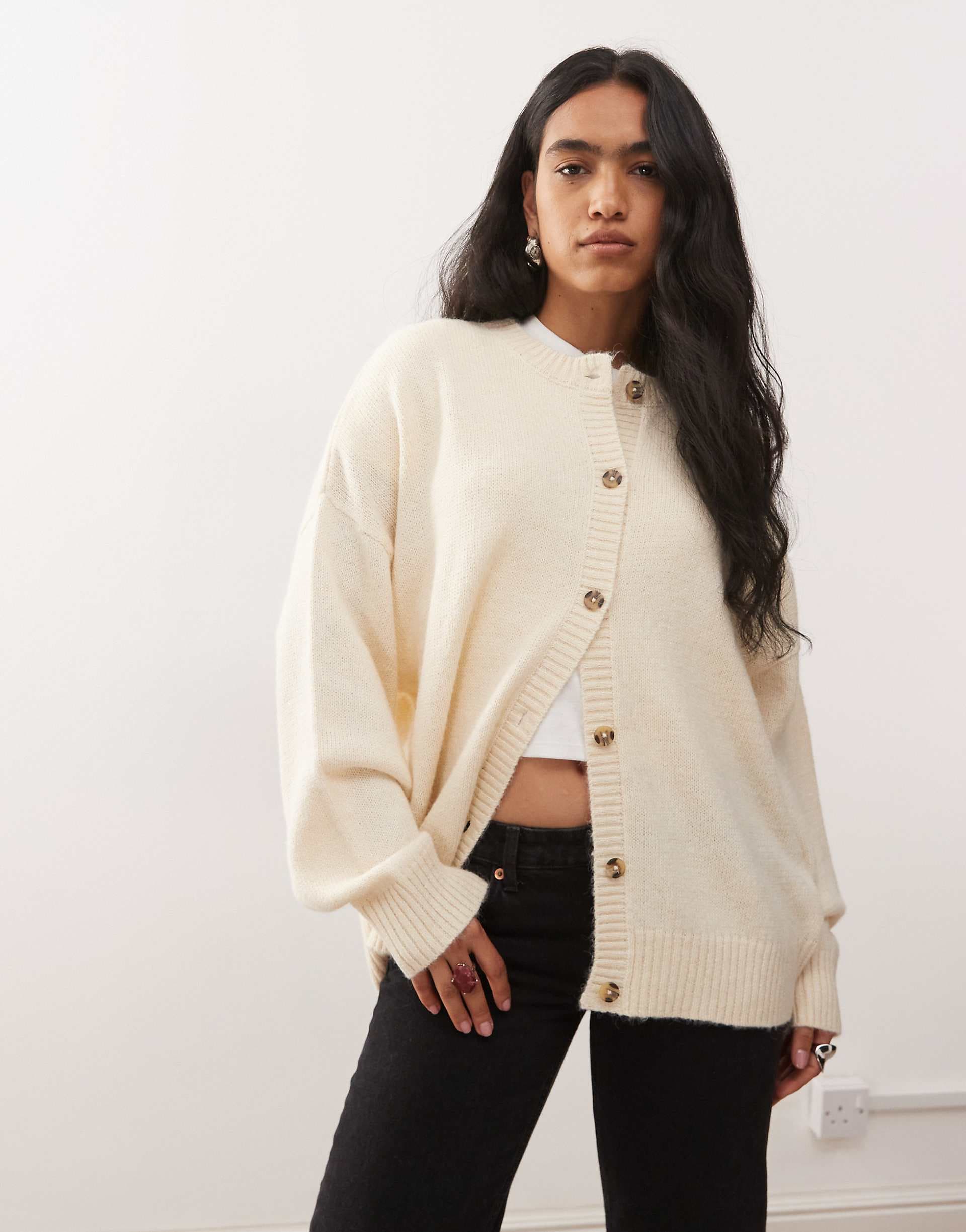 COLLUSION oversized crew neck cardigan in cream