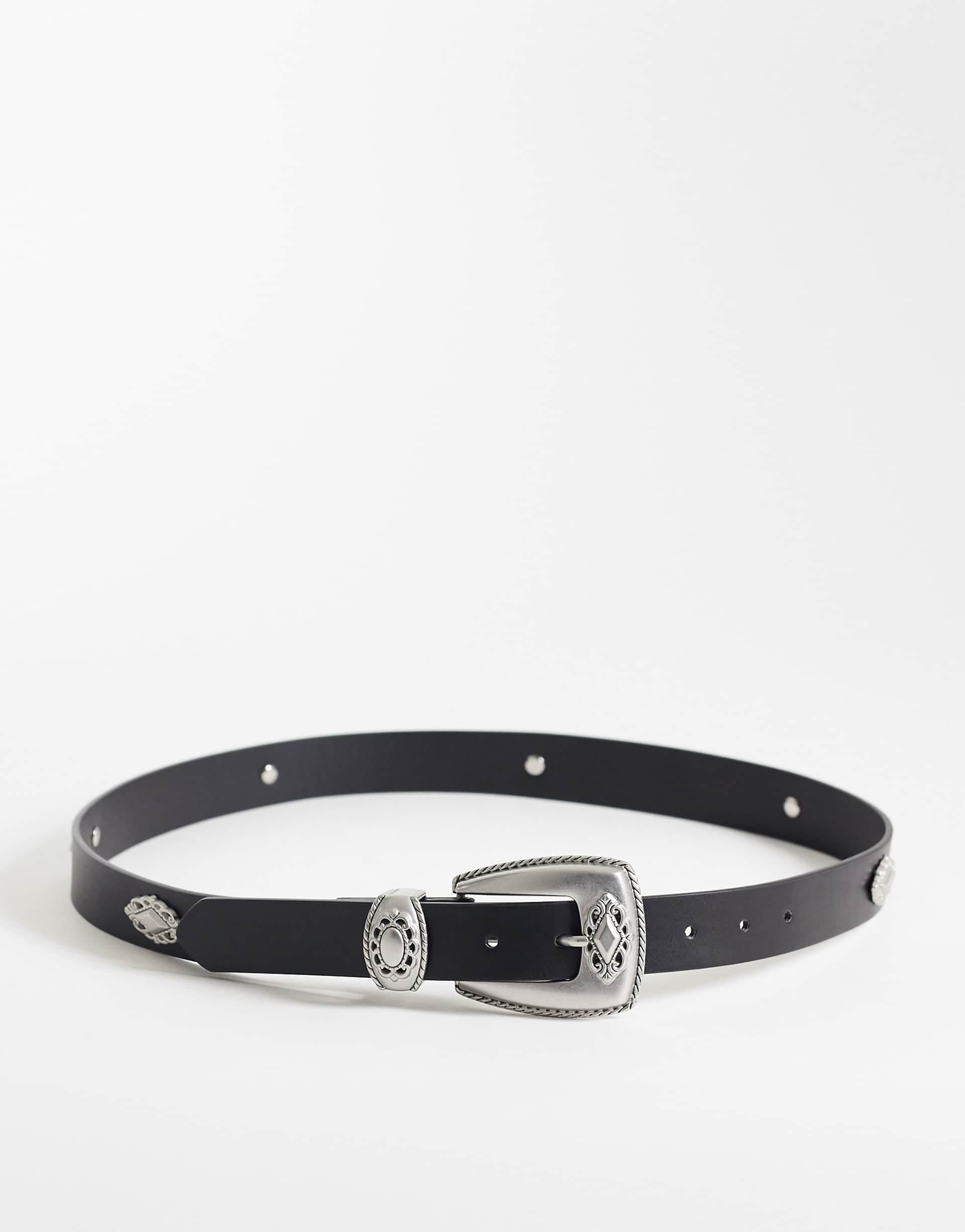 ASOS DESIGN floral studded faux leather belt with silver buckle in black